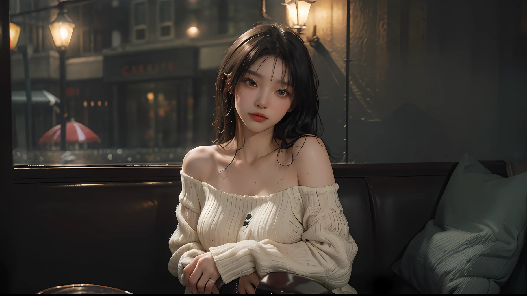 bestquality、A masterpie、Ultra High Res、(photorealistic:1.4)、Raw photo、Girl 1 Mature Woman、Black long-sleeved dress、Floral dress、In the rainy city、Figures outside the window、Rainy evening、Sit in an antique café、Warm lights、It looks cold outside the window