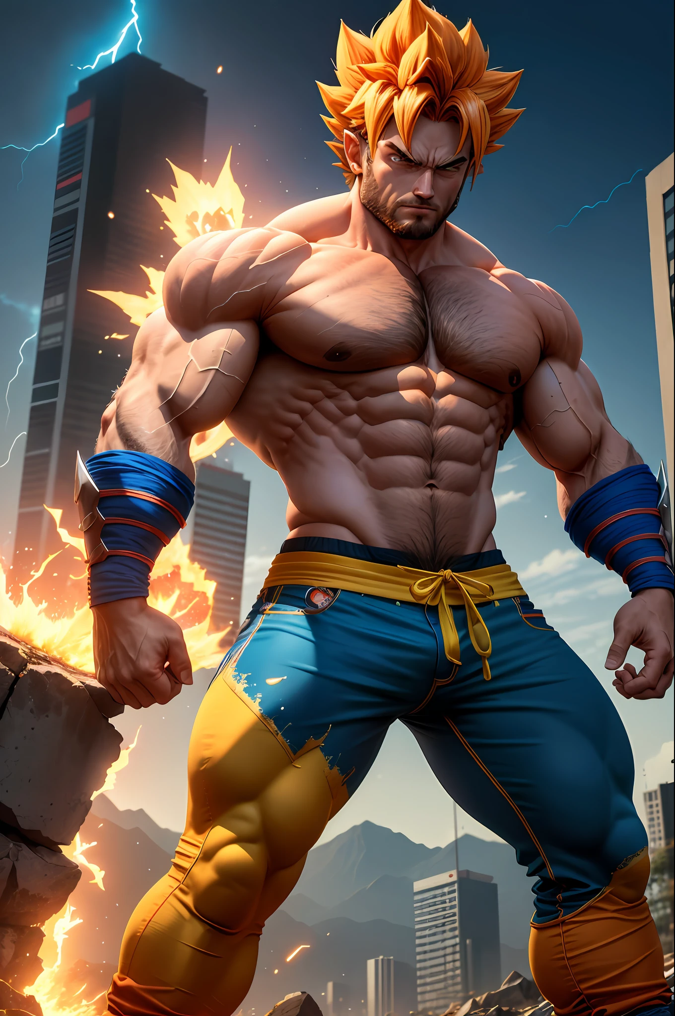 Obra prima, Goku merged with Wolverine, energia em volta do personagem, ((particulas e fagulhas de fogo)), por Marvel, Goku misturado com carcaju, detalhes intrincados, melting, barbudo, barba grande, wolverine's pants and Goku's shirt, 8k, DSLR, cinematic, fitness, musculoso, ((com garras aparentes)), cyberpunk, Uniform Fusion, amarelo, azul e vermelho. Degraded scenery and destroyed buildings. The night with lightning