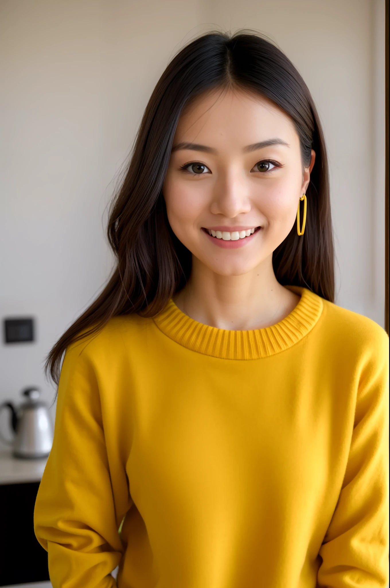 Cute beautiful Japan woman wearing yellow sweater、Drink coffee in a modern toilet at sunset,extremelydetailed, 21 years old, inoccent face, natural wave hair, Blue Eyes, the high-RES, masterpiece, bestquality,intricate detailing, extremelydetailed,SHARP FOCUS, Detail skin,Realistic skin texture,texture, detailed eye, professional, 4 K, charmer smile, shot on Canon, 85mm,shallow depth of field,kodak vision color, perfect fit body, extremelydetailed, photot_\(An ultra\), photorealistic, REALISTIC、, Post-working, max detail, roughness, real life, Hyper realistic, Photo Realism, photography, 8K UHD, photography