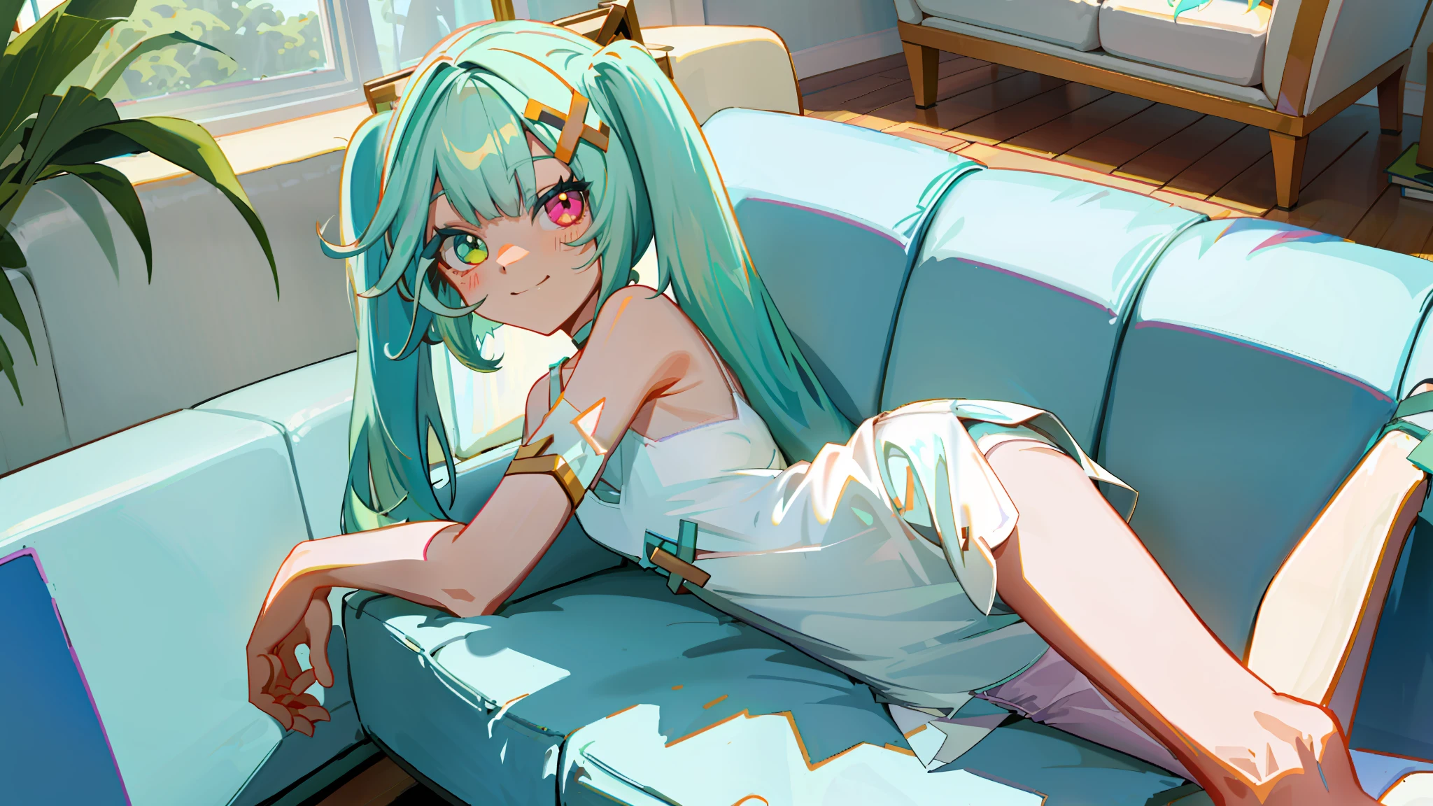 faruzandef, cyan hair, twintails, long hair, (heterochromia), smiling, ((white camisole)), (small breasts), choker, (couch), living room, (shadow:1.2), lighting, (solo), (pale skin)