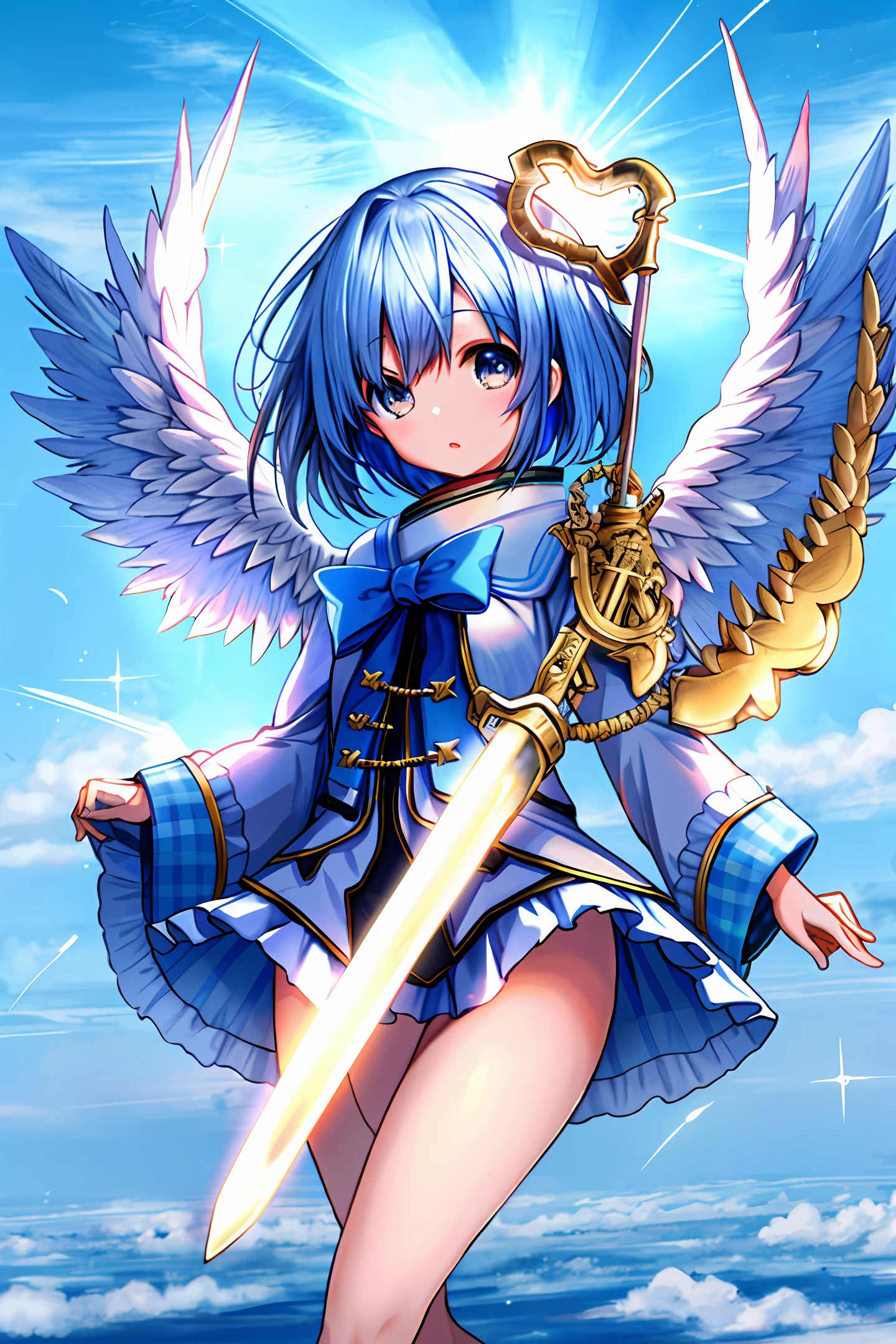 Japanese sky angel girl with 6 wings and a hand sword blowing the trumpet of the apocalypse on top of the clouds