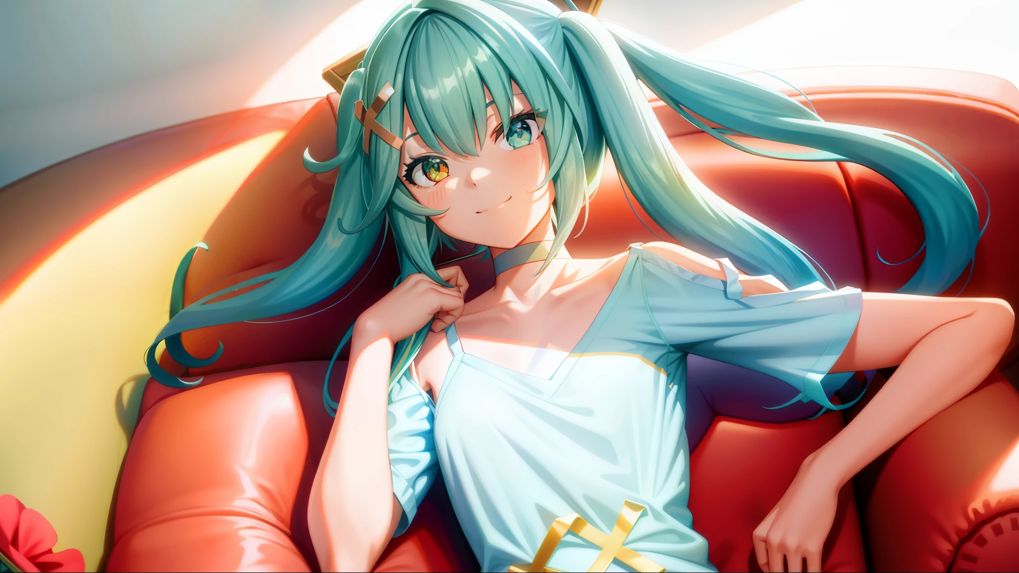 faruzandef, cyan hair, twintails, long hair, (heterochromia), smiling, ((white camisole)), (small breasts), choker, (couch), living room, (shadow:1.2), lighting, (solo), (collarbone)