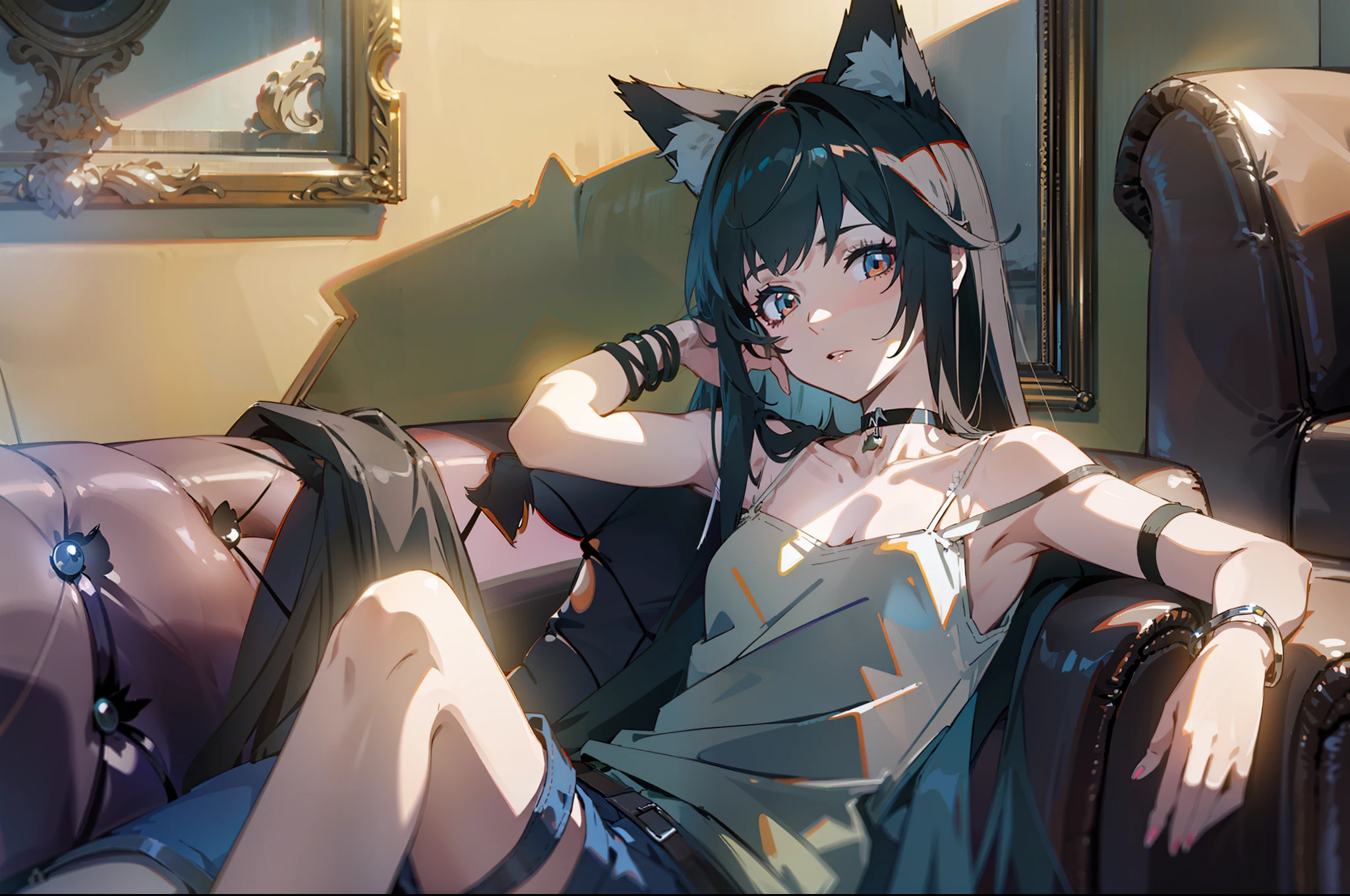 omertosa, 1girl, solo, long hair, black hair, cat ears, pale skin, denim shorts, casual, sitting, camisole, choker, couch, (small breasts), masterpiece, (shadow), interior, living room, (backlighting), bare shoulders, bracelets, arm straps, detailed