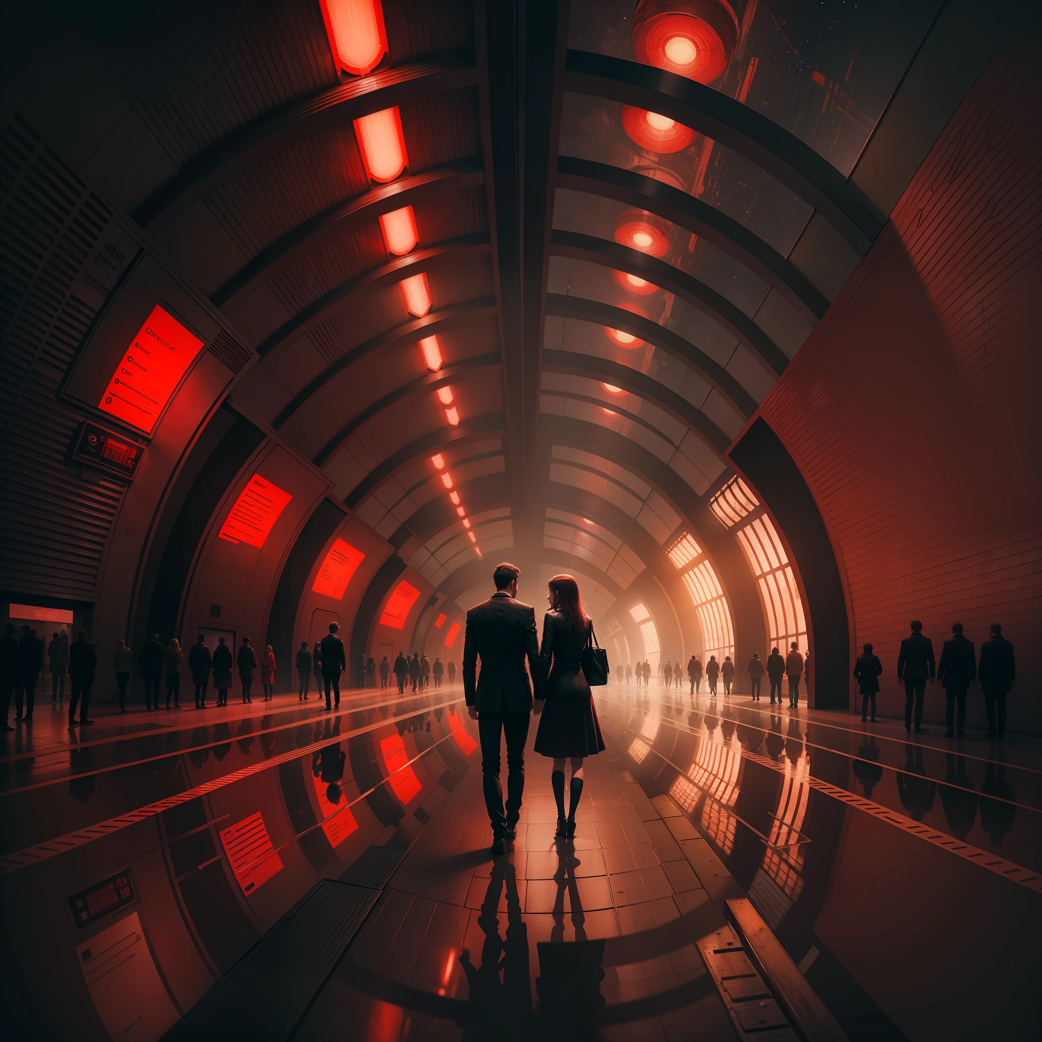 Picture of a couple in a metro station of the future, lighting in mind-blowing red, dark environment, painting by Claude Monet