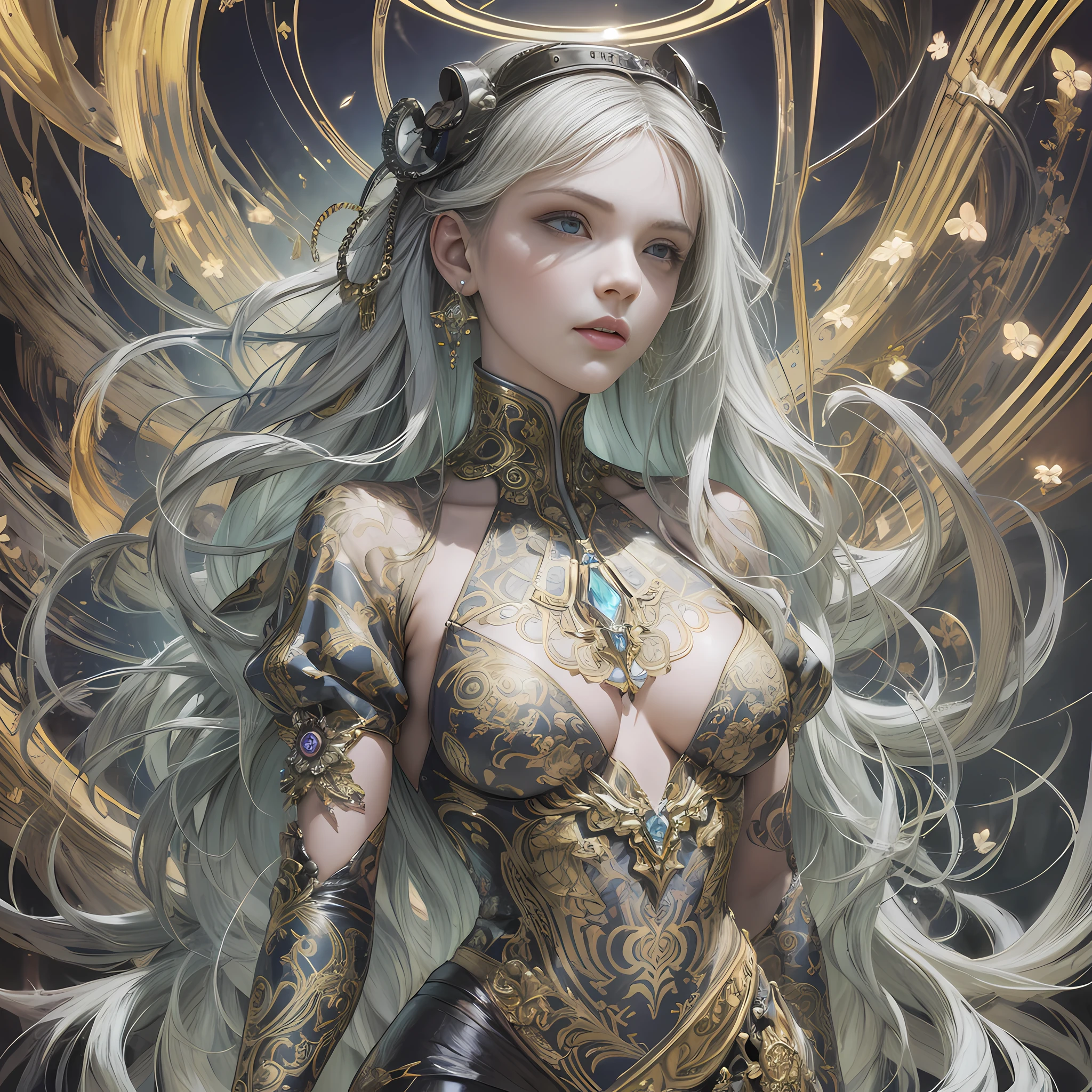 tattooed girl, Full head, Full header, There is no half a head, Angel halo above the head, A realistic beauty standing at full body length, proportional, Strong coloring fantasies, light hair, An impressively realistic photo for 20 years , hakuhatsu, High society fashion, Eyes of random color, All over body, perfect hand, cover, The dress design has fractal and tiled features, Decopainted, luminism, octane render of the, Bar lighting, sophisticated, {{Martin then}}, 8k resolution conceptual art portrait Martina Fachikova and Prewinko art, artgerm, WLOP, Alphonse Mucha, Small fusion Pojati reality steampunk, Fractal isometric details Bioluminescence : Ultra Gao Ism cover photo is awesome full color, Hand drawn, darkly, Stalwart, very realistic, klimt, davinci, erte .12k, sophisticated. Hit definition , cinematic,rough sketch, A mixture of strong dark and loose lines, bold lines, Not paper , Real human life, Bold colors of dresses, {{{{All over body}}}}