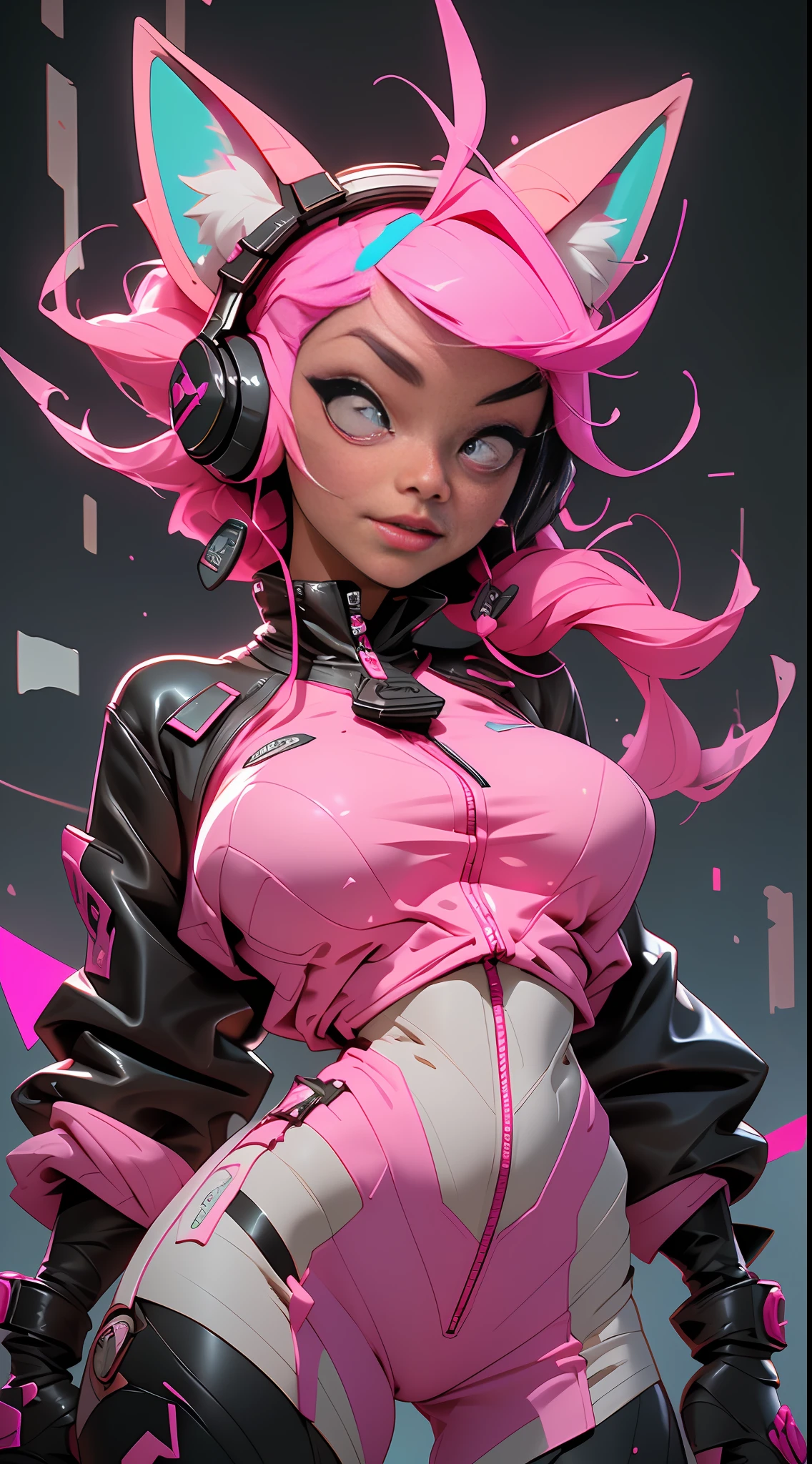 (Best quality), (masterpiece), (realistic) and ultra-Detailed photo of cute girl in futuristic neon headphones with plastic fox ears, She has a (fluffy pink hair), wears leather (unbuttoned) pink-Black racing jacket on a naked body, under which you can see ((huge open erect tits)), (erect nippleslips) , open chest, open tummy,  leather tight shorts,  and exudes a (beautiful and aesthetic) vibe,  sexy body , detailed pupils and iris of eyes, An embarrassed and lustful smile opening his mouth,