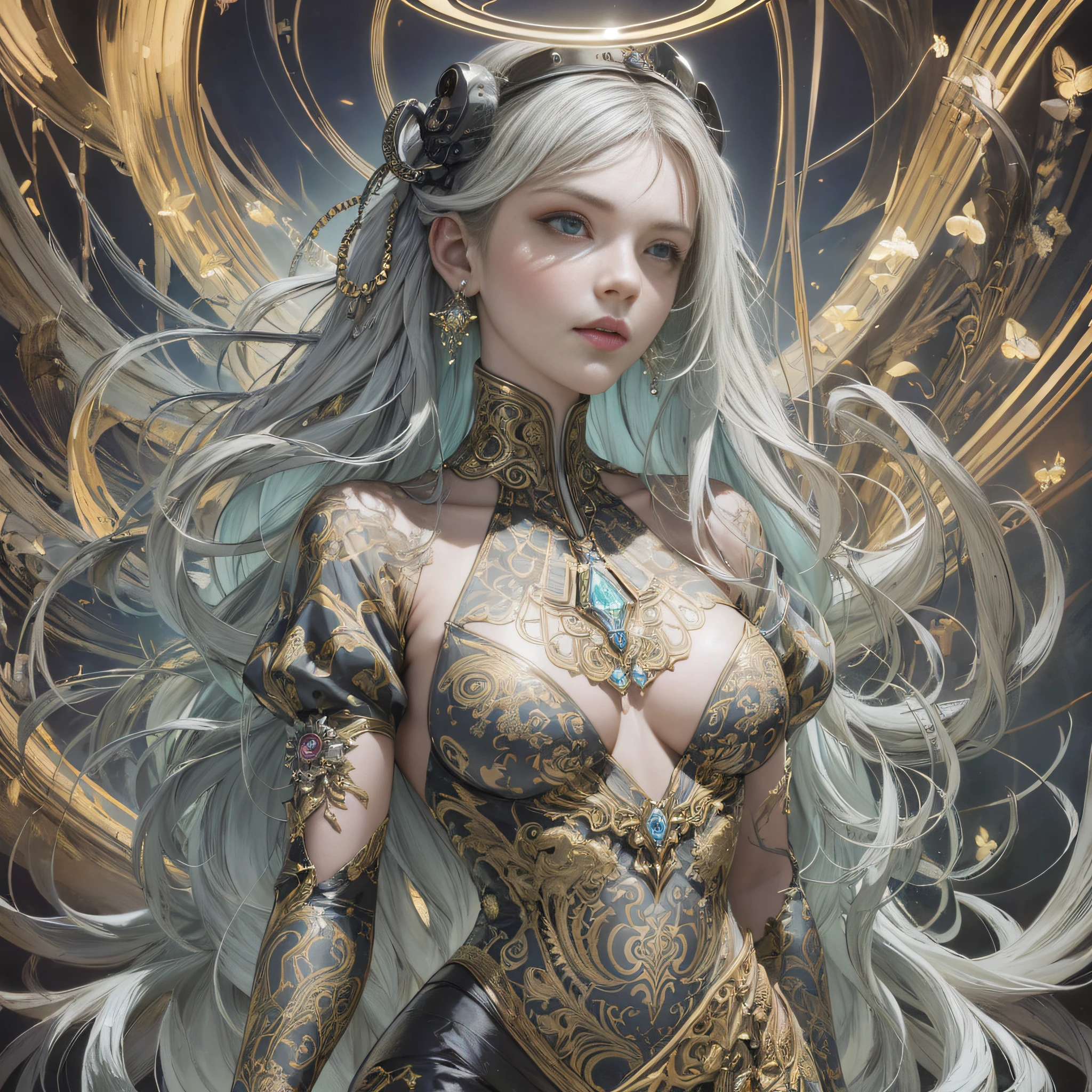 tattooed girl, Full head, Full header, There is no half a head, Angel halo above the head, A realistic beauty standing at full body length, proportional, Strong coloring fantasies, light hair, An impressively realistic photo for 20 years , hakuhatsu, High society fashion, Eyes of random color, All over body, perfect hand, cover, The dress design has fractal and tiled features, Decopainted, luminism, octane render of the, Bar lighting, sophisticated, {{Martin then}}, 8k resolution conceptual art portrait Martina Fachikova and Prewinko art, artgerm, WLOP, Alphonse Mucha, Small fusion Pojati reality steampunk, Fractal isometric details Bioluminescence : Ultra Gao Ism cover photo is awesome full color, Hand drawn, darkly, Stalwart, very realistic, klimt, davinci, erte .12k, sophisticated. Hit definition , cinematic,rough sketch, A mixture of strong dark and loose lines, bold lines, Not paper , Real human life, Bold colors of dresses, {{{{All over body}}}}