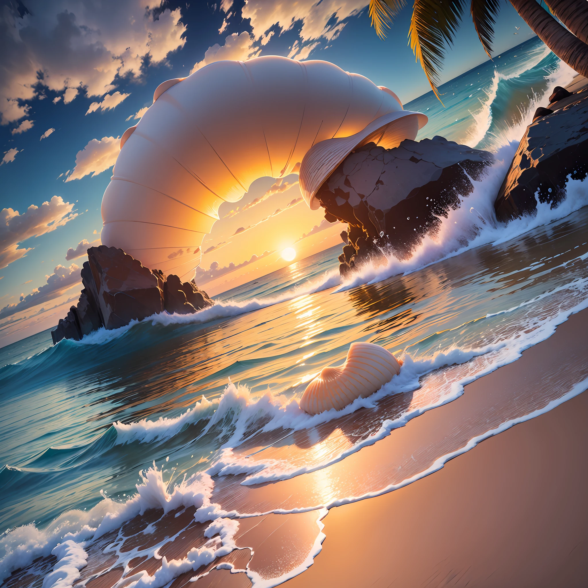 You are challenged to create a realistic image of a shell on the edge of the sea, on a beautiful beach with a lush landscape. The shell is white in color with a soft sheen and contains a delicate pearl inside. The crystal clear sea water is gently touching the shell, enveloping it with white foams and small drops of water. The sun is setting on the horizon, painting the sky with orange and gold hues, while its reflections shine on the surface of the sea. The beach is composed of fine, clear sand, decorated with shells and small waves crumbling into the sand. The surrounding landscape is lush, with coconut trees, tropical plants and distant mountains. Create an image that captures the serenity, natural beauty and harmony between the shell, the pearl, the sea and the beach, in a magical scene in the late afternoon." --auto --s2