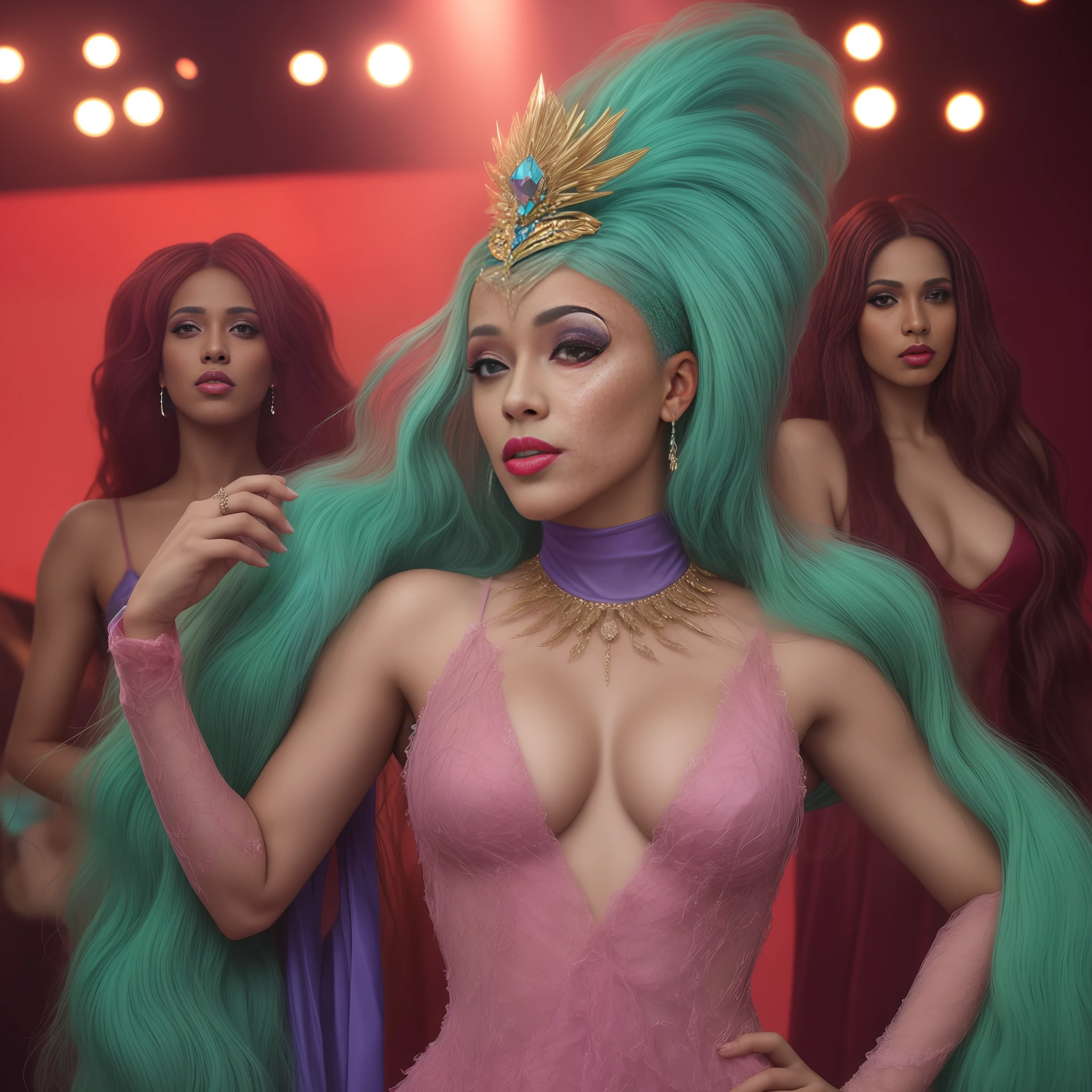 uma mulher em uma fantasia de drag queen e outras mulheres, drag, ru paul 's drag race, drag queen, padroeiro de , cardi b, doja cat, tv still, por Dan Frazier, por Elena Guro, tirada no início de 🛸🌈👩🏾 2020, por Jeka Kemp, por Jeanna bauck