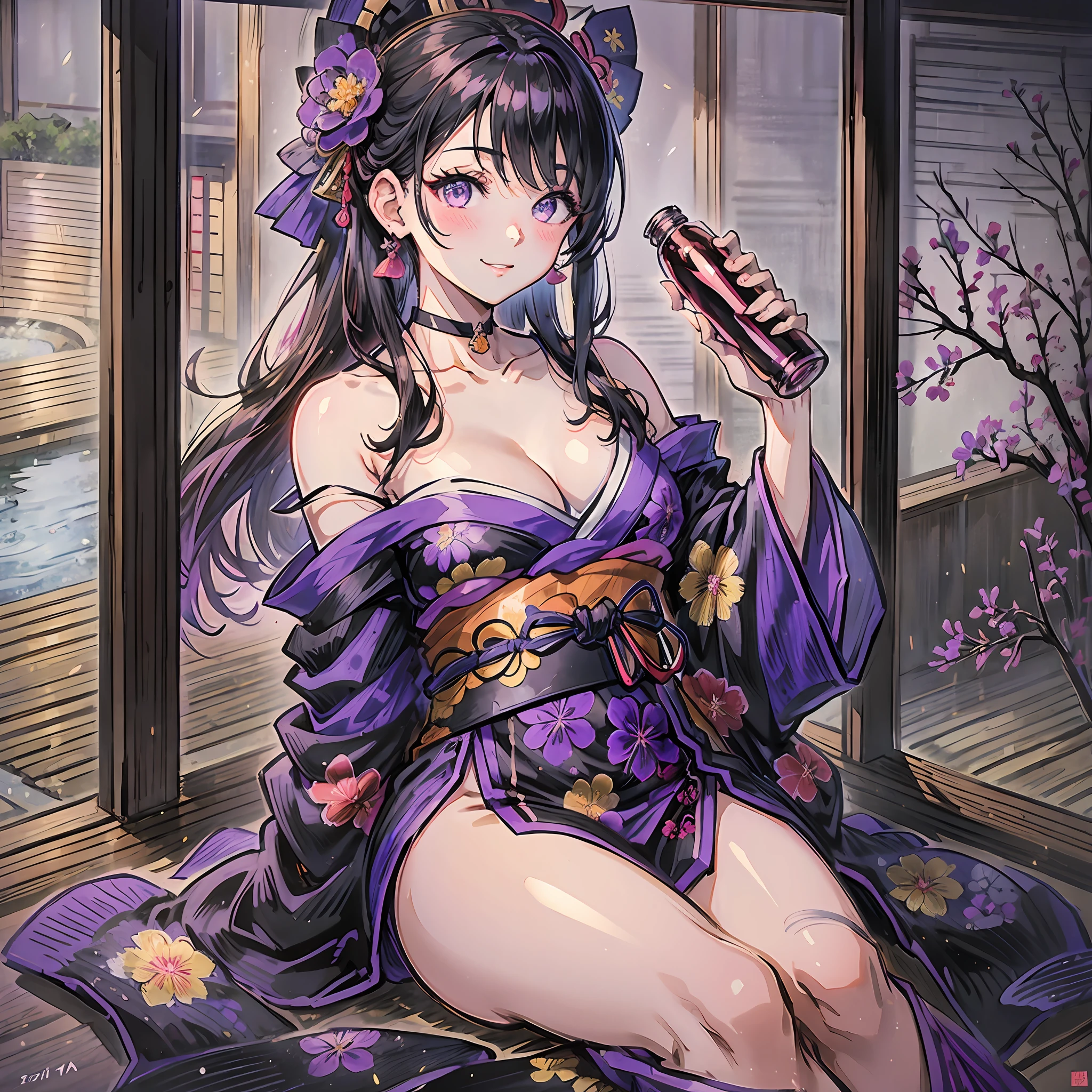 japanese anime girl in kimono holding wine bottle with text, 1girl, breasts, smile, solo, long hair, sash, bare shoulders, japanese clothes, black hair, looking at viewer, bottle, holding, obi, kimono, grin, black choker, purple eyes, choker, collarbone, off shoulder, outdoors, cleavage, night, floral print, thighs --auto --s2