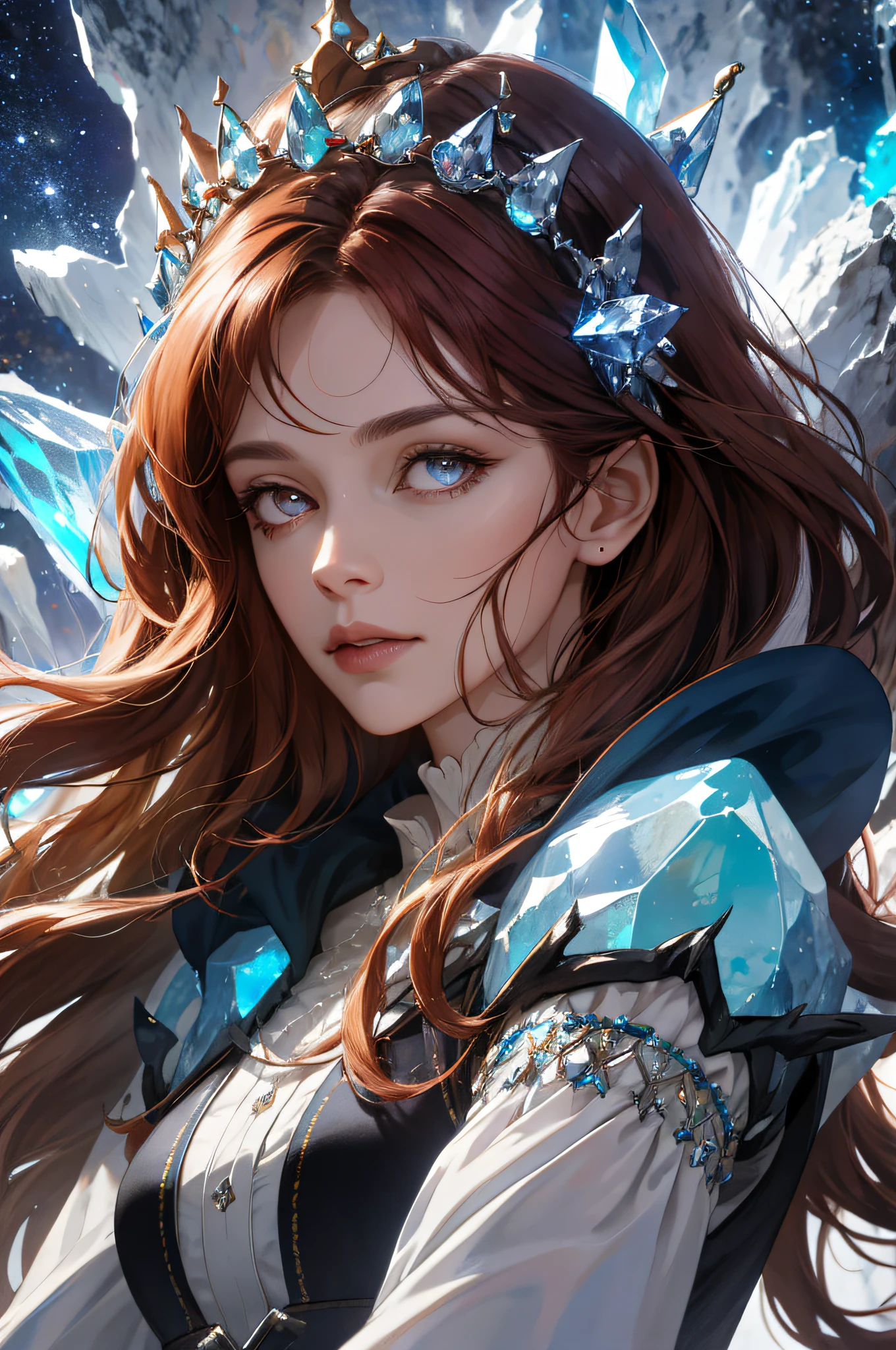 (absurdres, highres, ultra detailed), 1woman, mature female, aged up, wavy long hair, auburn hair, coral eyes, bangs, long sleeves, finely detailed eyes and detailed face, extremely detailed CG unity 8k wallpaper, intricate details, (style-swirlmagic:1.0),  looking at viewer, solo, upper body, detailed background, close up,  detailed face, (gothic dark ages theme:1.1), crystal sorcerer,  dynamic pose, earth themed clothes, crystal crown,  floating in the air, glowing magical shards, surrounded by blue magical crystals,  rock formations, stalactites,  magical floating particles, crystal glass,  crystal sphere, crystal canyon background, (shallow water:0.7),  epic ethereal atmosphere,   updraft,, portrait