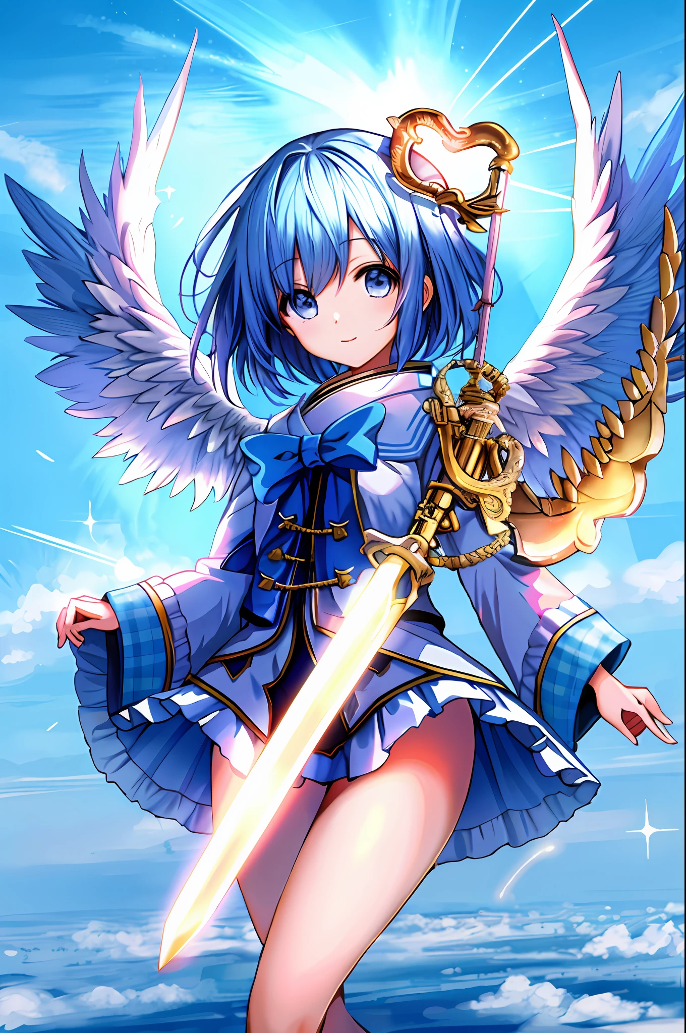 Japanese sky angel girl with 6 wings and a hand sword blowing the trumpet of the apocalypse on top of the clouds