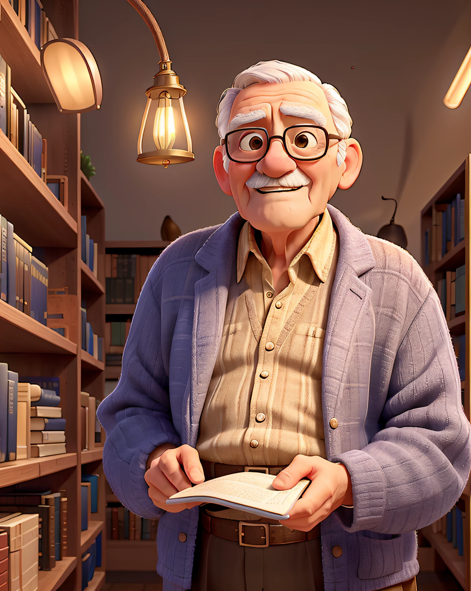 A wise old man standing in front, illuminated by the light of a lamp, against the backdrop of a library