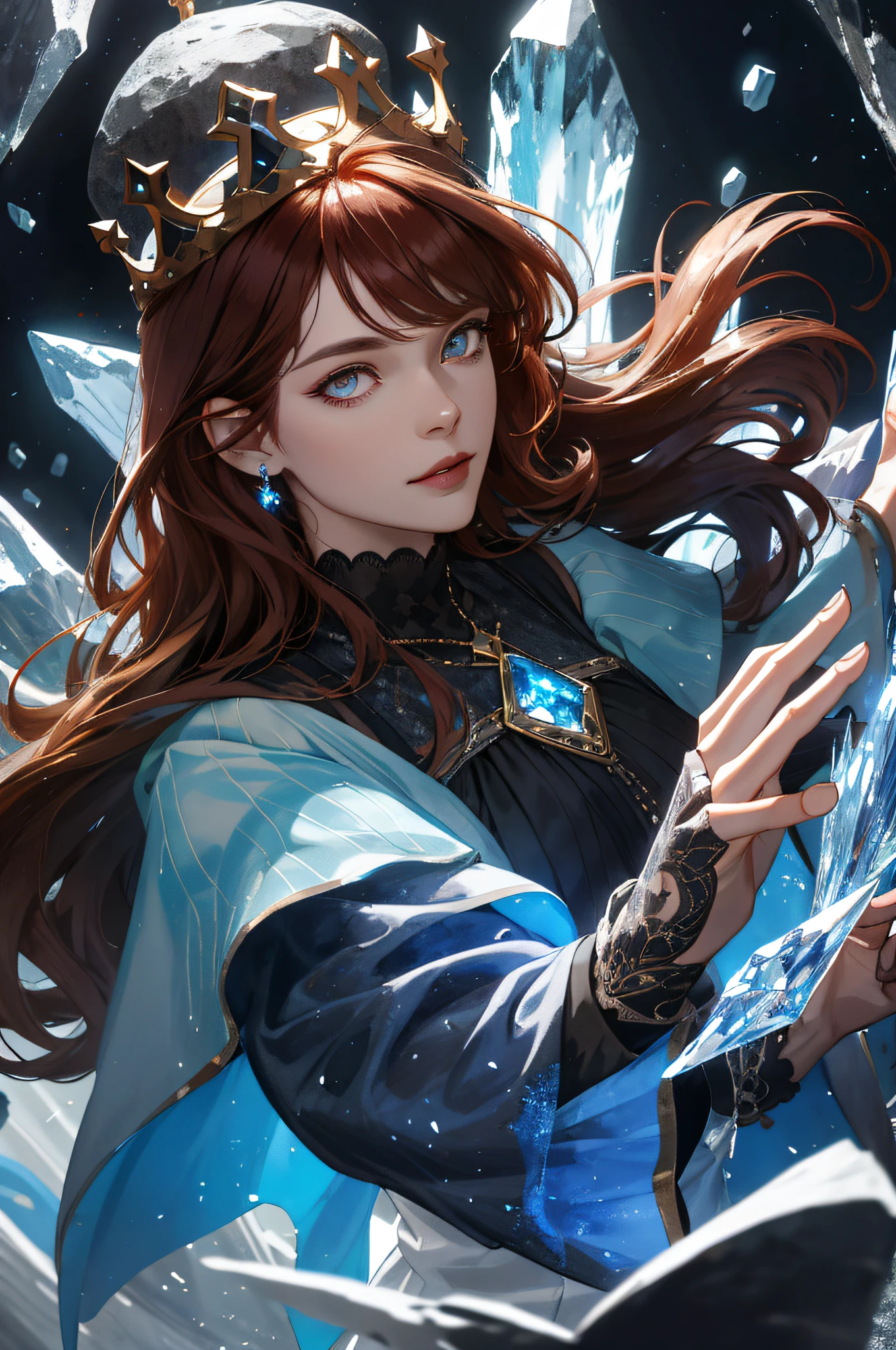 (absurdres, highres, ultra detailed), 1woman, mature female, aged up, wavy long hair, auburn hair, coral eyes, bangs, long sleeves, finely detailed eyes and detailed face, extremely detailed CG unity 8k wallpaper, intricate details, (style-swirlmagic:1.0),  looking at viewer, solo, upper body, detailed background, close up,  detailed face, (gothic dark ages theme:1.1), crystal sorcerer,  dynamic pose, earth themed clothes, crystal crown,  floating in the air, glowing magical shards, surrounded by blue magical crystals,  rock formations, stalactites,  magical floating particles, crystal glass,  crystal sphere, crystal canyon background, (shallow water:0.7),  epic ethereal atmosphere,   updraft,, portrait