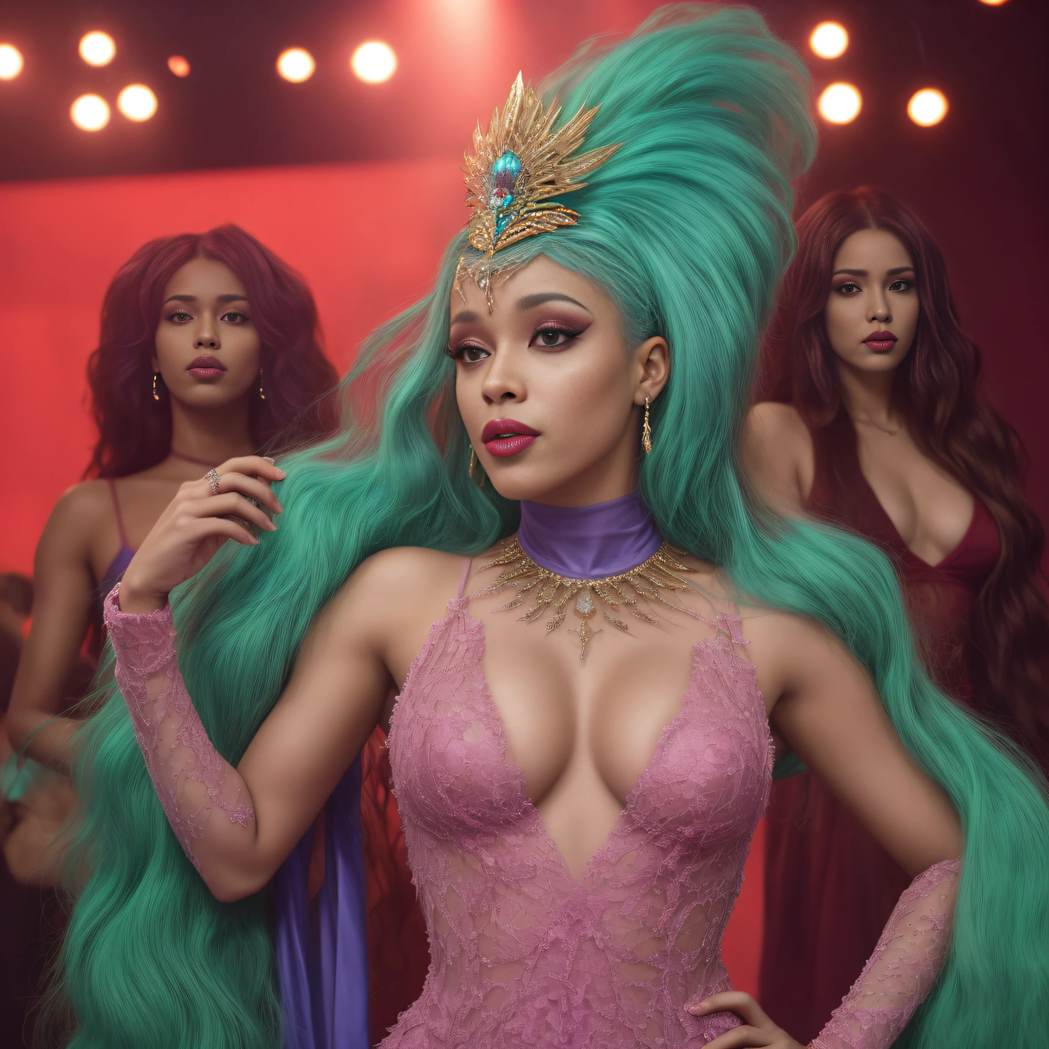 uma mulher em uma fantasia de drag queen e outras mulheres, drag, ru paul 's drag race, drag queen, padroeiro de , cardi b, doja cat, tv still, por Dan Frazier, por Elena Guro, tirada no início de 🛸🌈👩🏾 2020, por Jeka Kemp, por Jeanna bauck