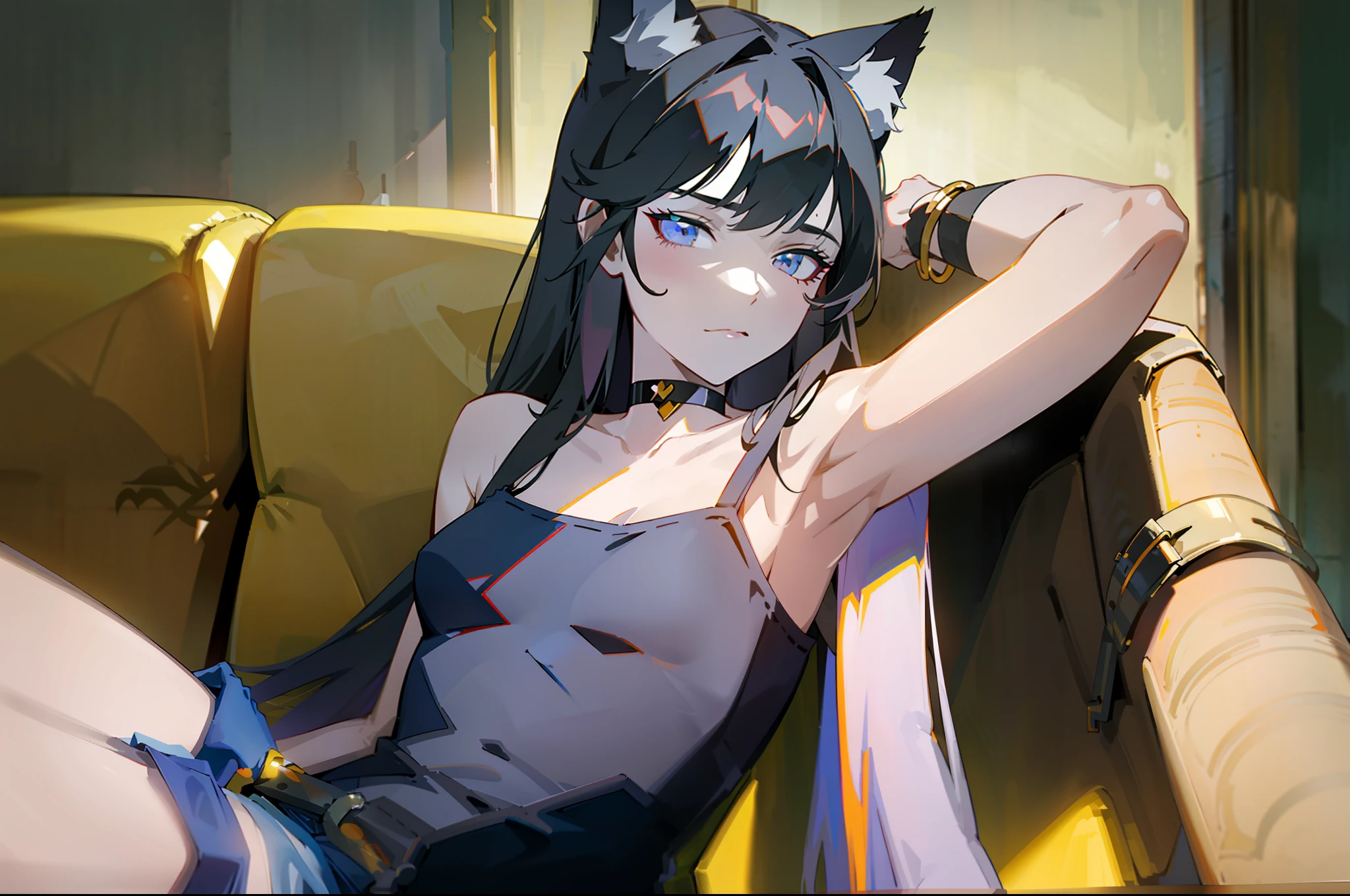 omertosa, 1girl, solo, long hair, black hair, cat ears, pale skin, denim shorts, casual, sitting, camisole, choker, couch, (small breasts), masterpiece, (shadow:1.2), interior, living room, (backlighting), bare shoulders, bracelets, arm straps, detailed, collarbone, armpits
