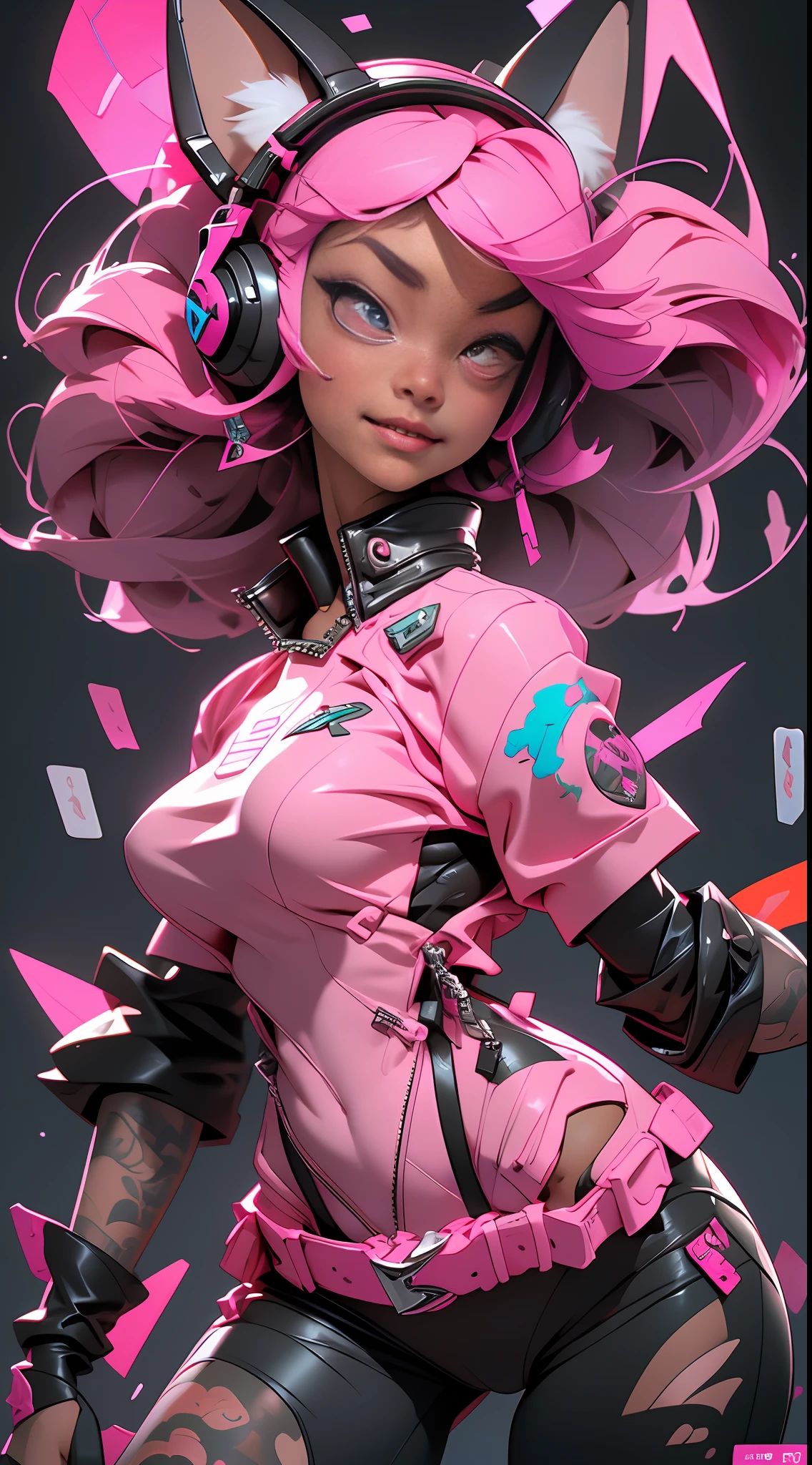 (Best quality), (masterpiece), (realistic) and ultra-Detailed photo of cute girl in futuristic neon headphones with plastic fox ears, She has a (pink hair), wears leather (unbuttoned) pink-Black racing jacket on a naked body, under which we can see ((huge half-open erect tits)), (erect nippleslips), open tummy, leather tight shorts, and exudes a (beautiful and aesthetic) vibe, sexy body , detailed pupils, detailed iris of eyes, An embarrassed and lustful smile opening her mouth,