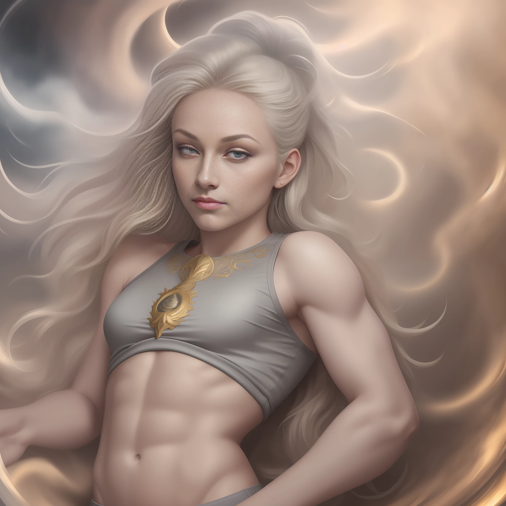 ((Masterpiece)), best quality, surrealism, floating, ethereal blonde goddess, golden throne, mystical cloud background, highly detailed, entrancing face, grey sport crop top, flowing grey sweatpants, (sly smirk).