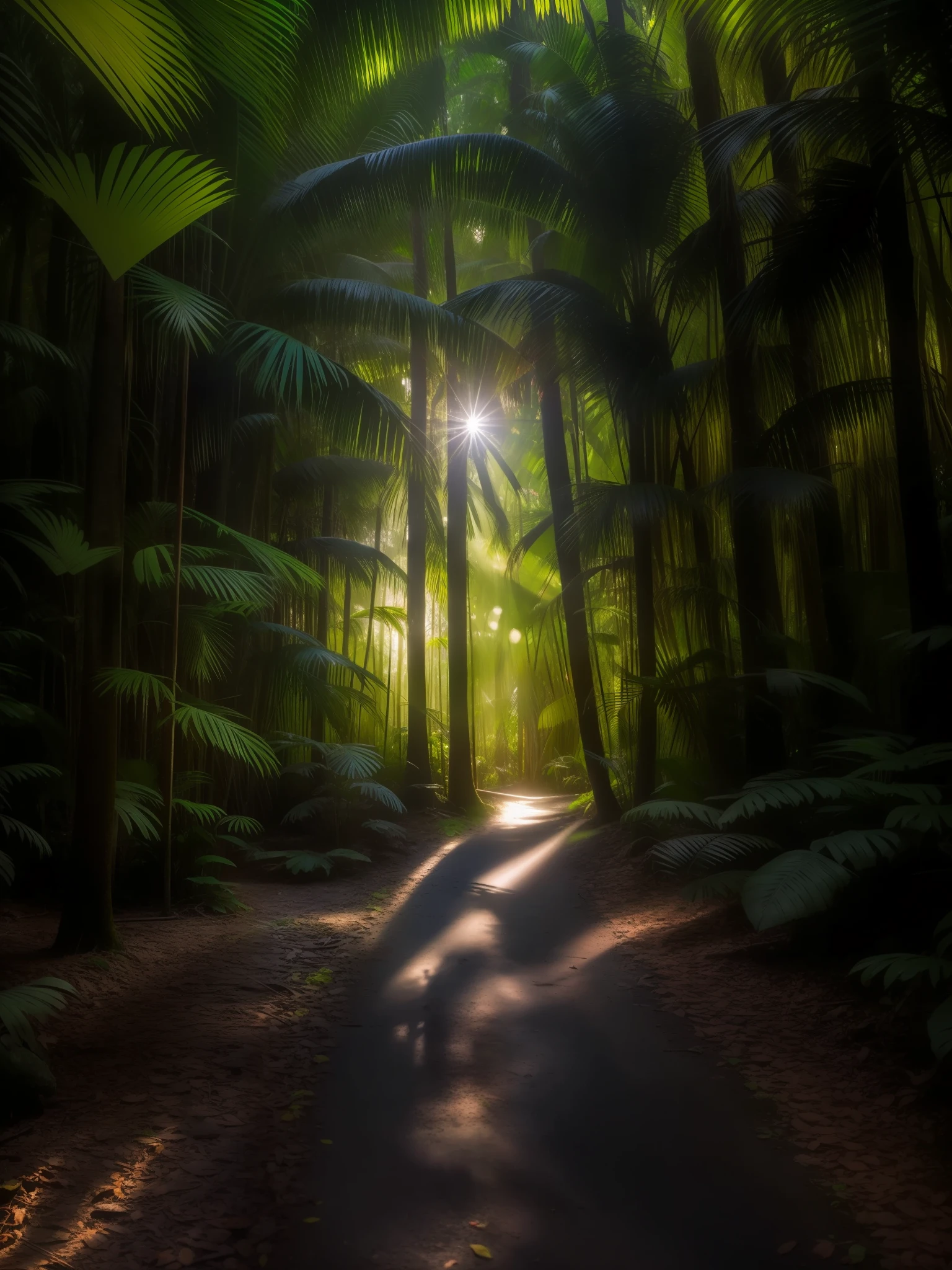 Tropical forest with a small path, sun rays through the trees, vibrance