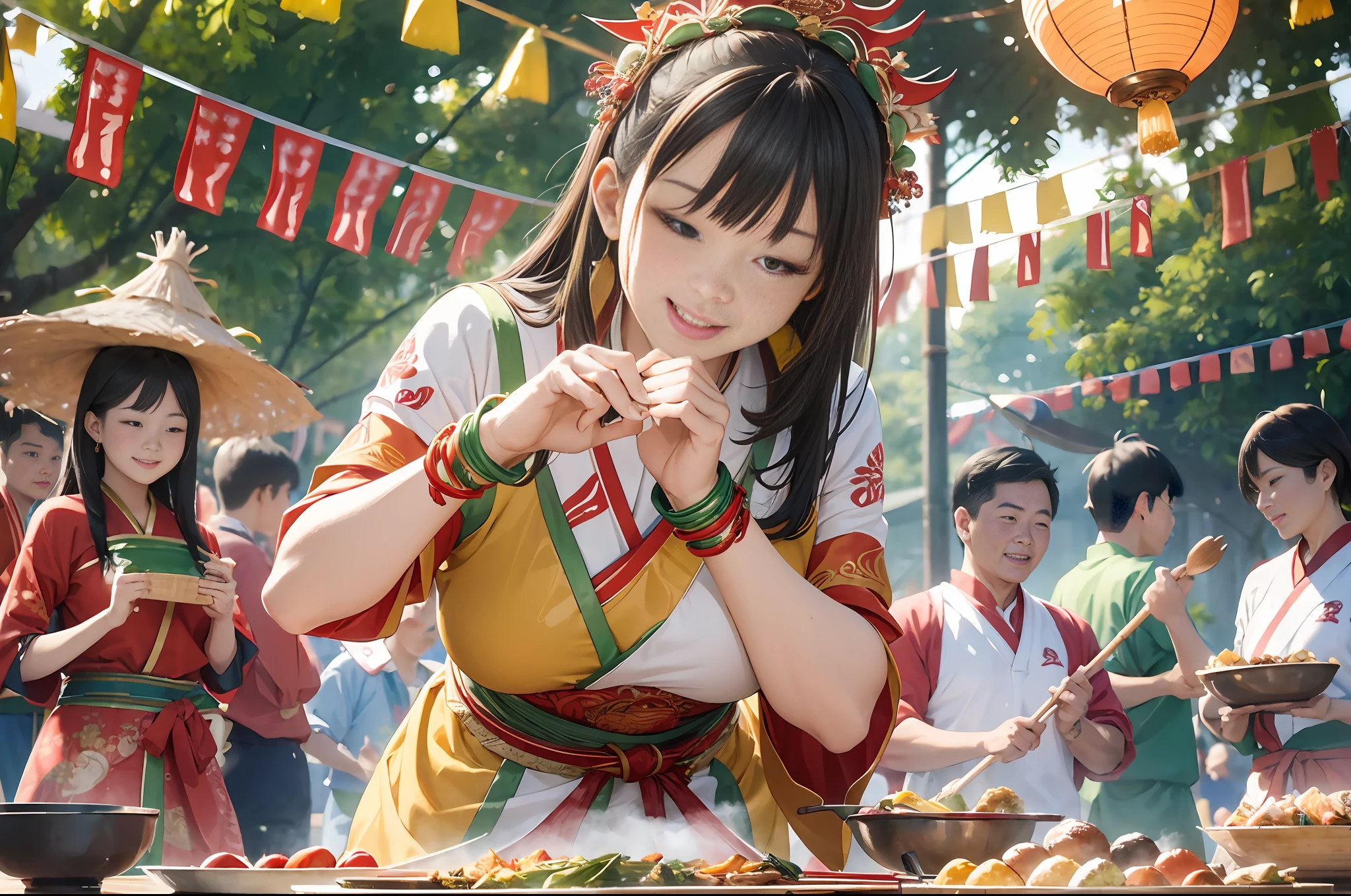 ((Bestquality)), ((a masterpiece、)), (detailing), (realistic), (Official Art), (extremely detailed CG unity 8k wallpaper), vibrant Dragon Boat Festival celebration, Cultural traditions, festive atmosphere, colorful decorations, traditional costume, energetic dragon boat race, cheerful participants, determined rowers, splashing water, exciting competition, traditional zongzi delicacies, mouthwatering treats, glutinous rice dumplings, various fillings, wrapped in bamboo leaves, joyful family gatherings, reunion and togetherness, exchanging blessings, enjoying festive food, cultural heritage, vibrant colors and festive spirit, celebratory mood, lively and dynamic, rich cultural symbolism, 8k resolution