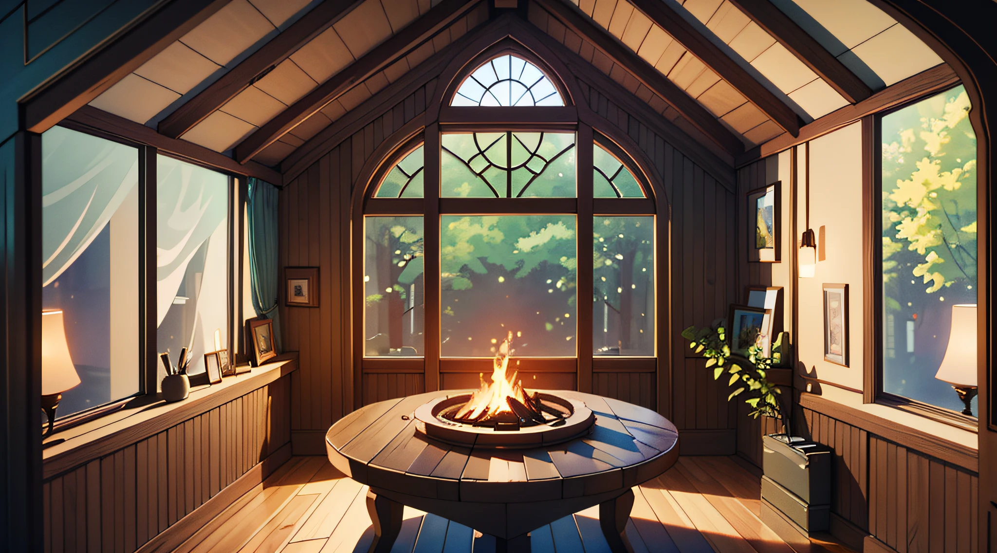 (best quality, masterpiece), interior of a lovely and cozy cottage in the woods, Symmetrical Camera Framing, Night, Table in the center, small windows, Wide Camera Shot, contemporary, skz Hyunjin