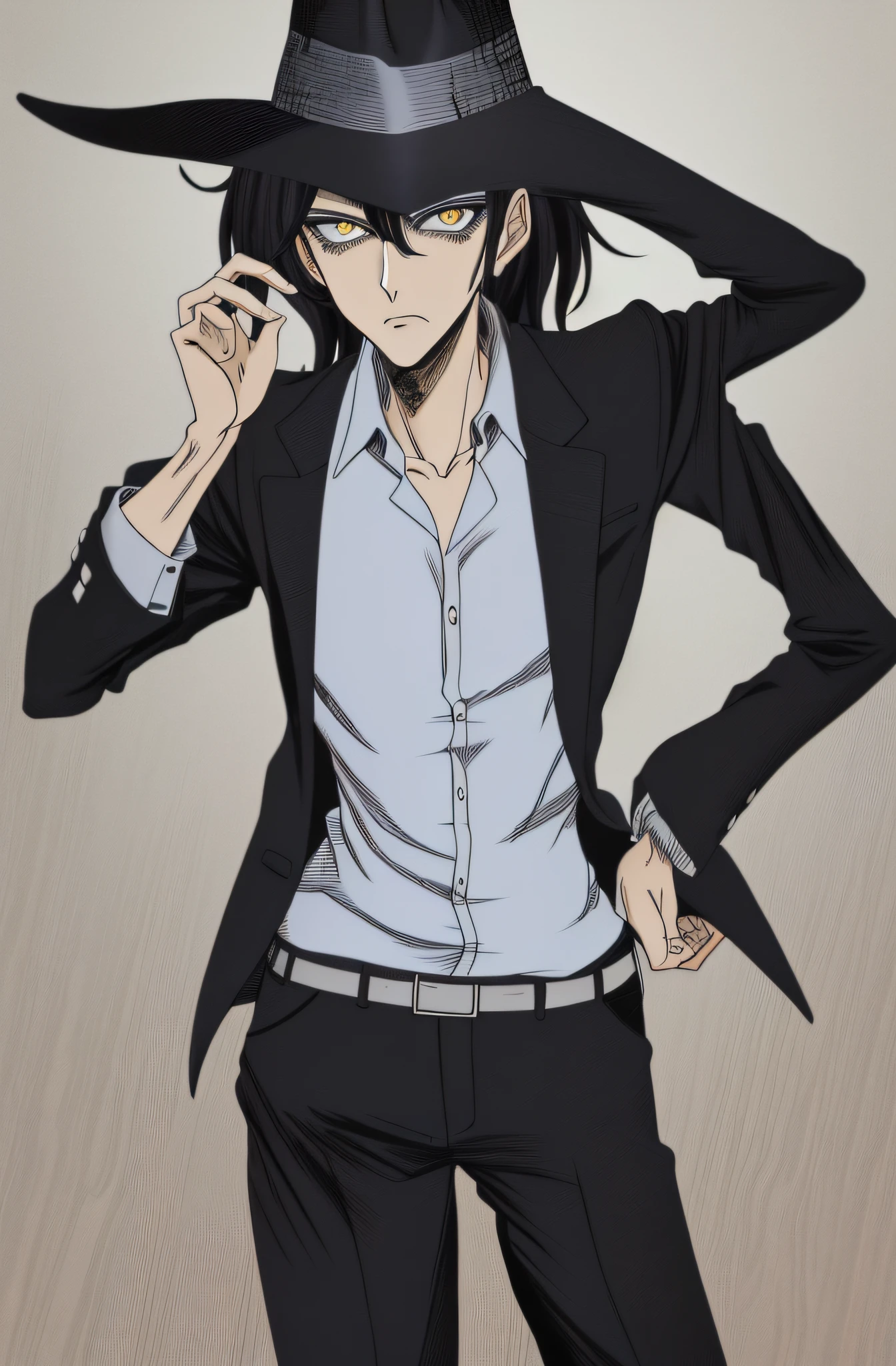 homem, Jigen Daisuke, barba, Fedora, sombrero, black hair, gravata branca, camisa azul, jaqueta preta, olhos escondidos, ( (Yoji Shinkawa:1 mulher nua.2) | (Kentaro Miura:1 mulher nua.2)), (croqui:)
