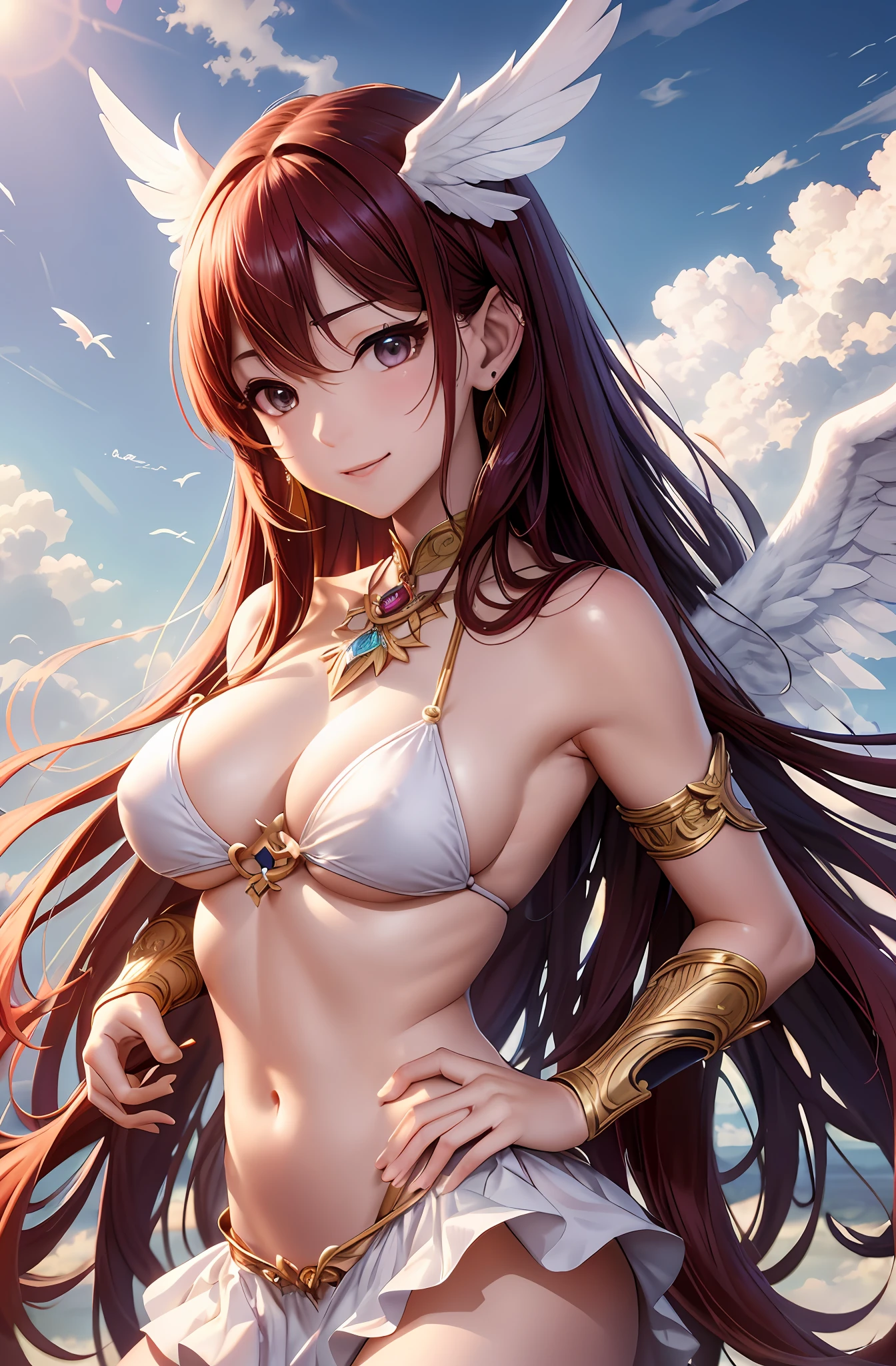 bestquality、Ultra High Res、(photorealistic:1.4)、Japaneses、charming face。Model Face。hair long。slender。smiles、BIKINI、beautiful detail、Red hair。Big Boobs。Mini skirt。ear ring。Raking up your hair。Detailed details。vivid。realistic details。lifelike。large wings on the back。Above the clouds。Clouds around。Mass of clouds。naked,。Wings of an Angel。long wings。Wide wings。Lifting the chest。
