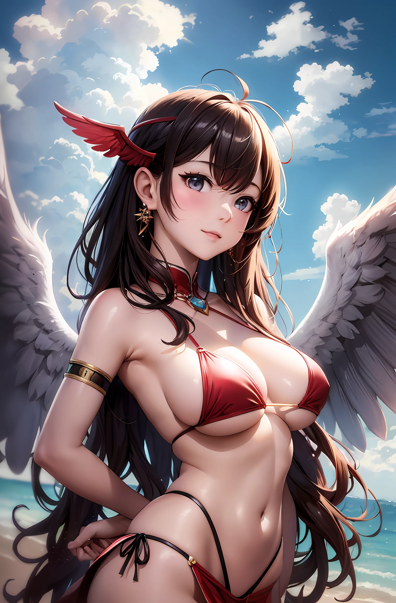bestquality、Ultra High Res、(photorealistic:1.4)、Japaneses、charming face。Model Face。hair long。slender。smiles、BIKINI、beautiful detail、Red hair。Big Boobs。Mini skirt。ear ring。Raking up your hair。Detailed details。vivid。realistic details。lifelike。large wings on the back。Above the clouds。Clouds around。Mass of clouds。naked，。Wings of an Angel。long wings。Wide wings。Lifting the chest。