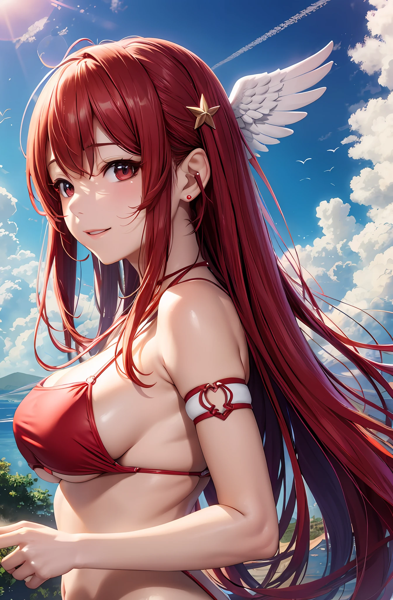 bestquality、Ultra High Res、(photorealistic:1.4)、Japaneses、charming face。Model Face。hair long。slender。smiles、BIKINI、beautiful detail、Red hair。Big Boobs。Mini skirt。ear ring。Raking up your hair。Detailed details。vivid。realistic details。lifelike。large wings on the back。Above the clouds。Clouds around。Mass of clouds。naked,。Wings of an Angel。long wings。Wide wings。Lifting the chest。