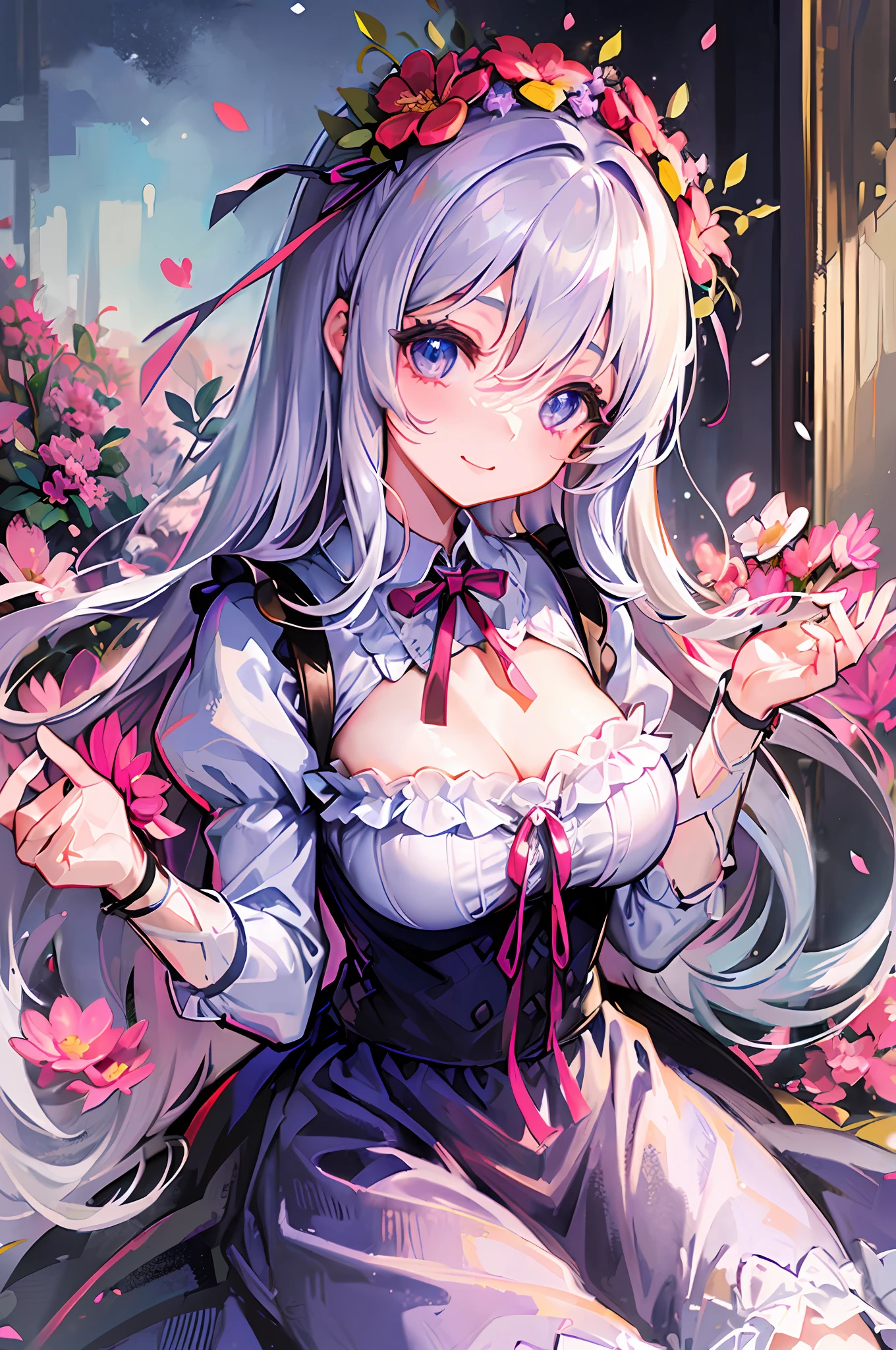(((A masterpie)))、bestquality、Super Detailed、blushful、Cute and playful、flower field、Cute Dresses、corolla、bouquet、wide smile、Dirndl、Lace knitting、Ribbon、cheerful、Silvery hair、Fluffy hairstyle、GIANT breast、Eyes that emit the heart、Sweet look。
