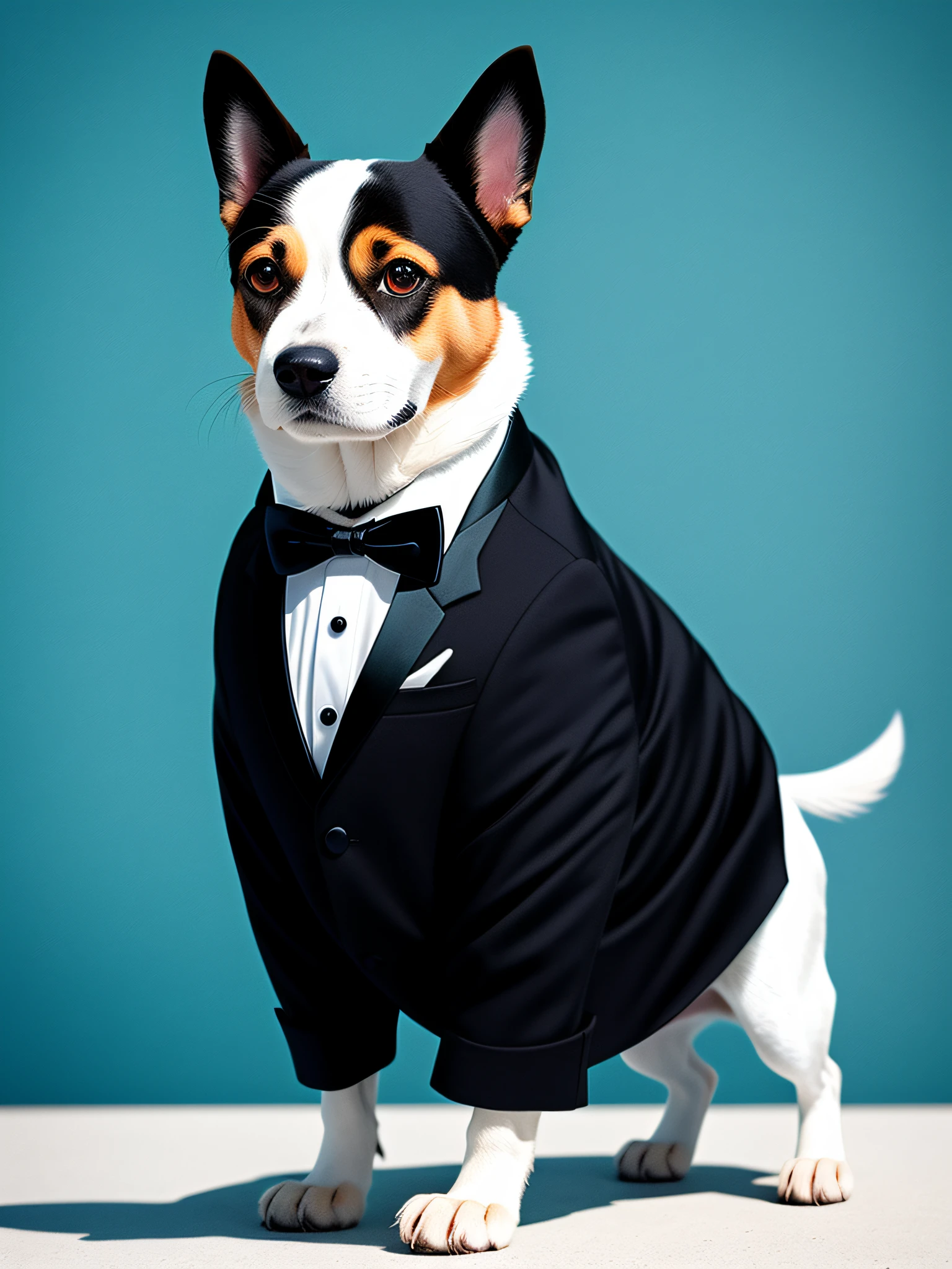 An illustration depicts a dapper dog wearing a tailored tuxedo, confidently striding down the runway with an air of sophistication, Photography, captured with a telephoto lens with a vibrant and dynamic style, showcasing the pet's impeccable fashion sense, --ar 16:9 --v 5