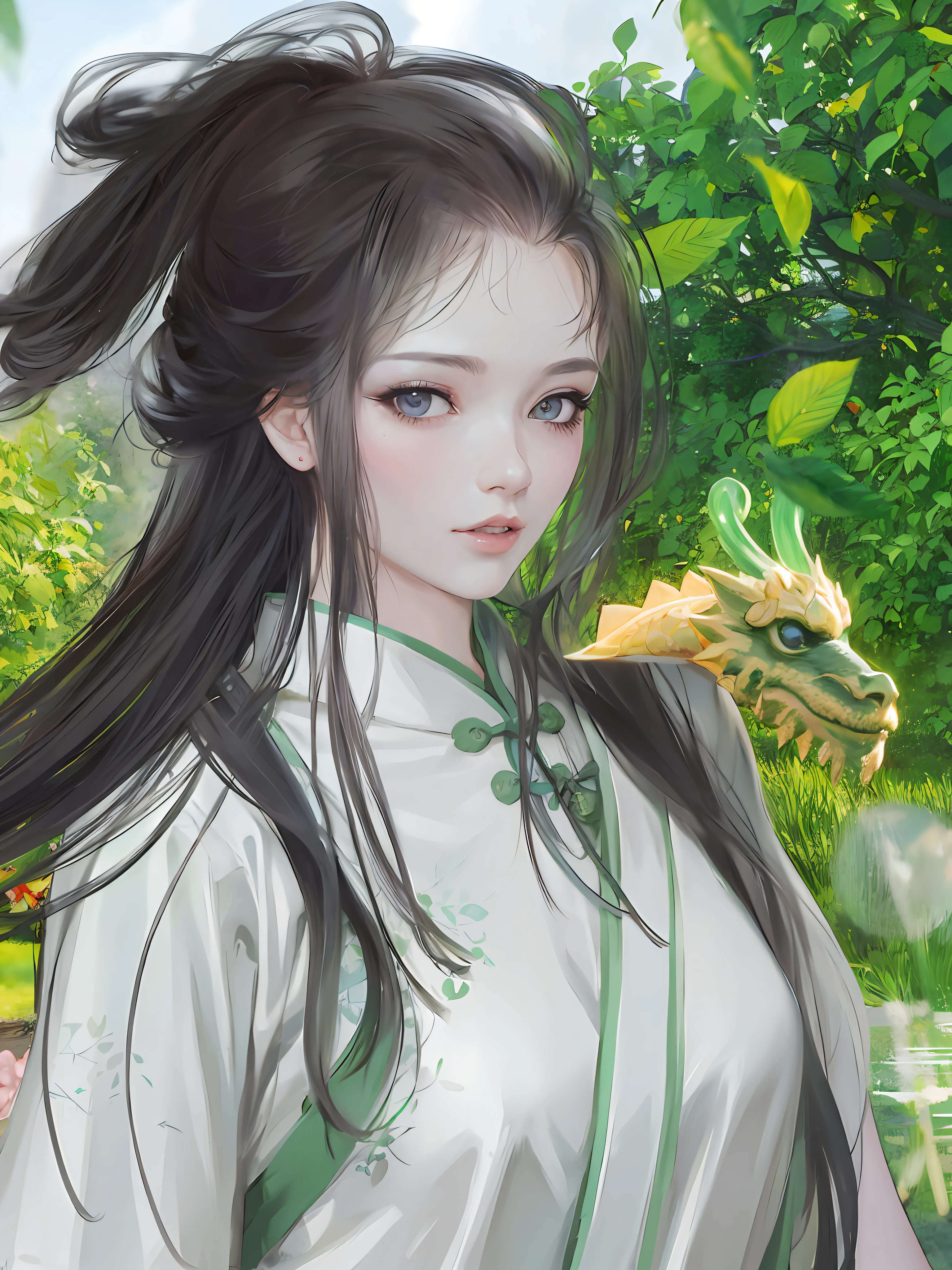 anime girl with long hair and a dragon in the background,  a girl in hanfu, beautiful character painting