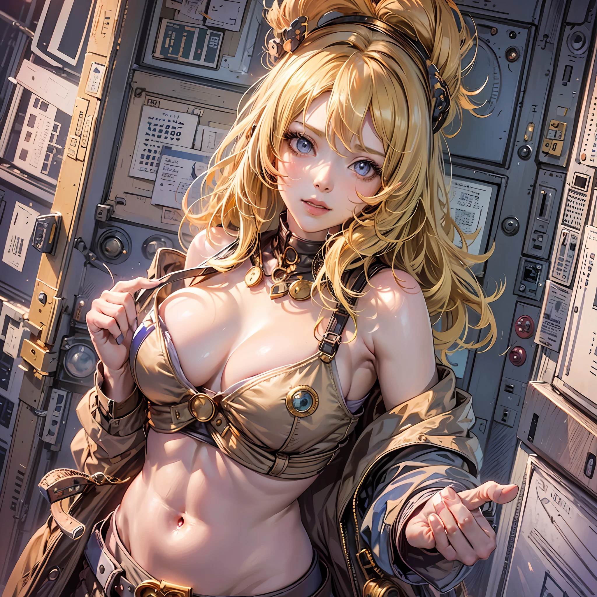 Anime woman, Cheekbones, detailed lips, blushing cheeks, long hair, ((golden blonde hair)), 25 years old, button nose, glossy lips, pink lipstick, ((lavender eyes)), round cheeks, D-cup breasts, ((brown trench coat)), Pokémon trainer, full lips, sweet smile, flat stomach, detailed eyes, masterpiece, tall, graceful, strong arms, fried chicken bucket, broad shouldered, cowgirl outfit --auto --s2