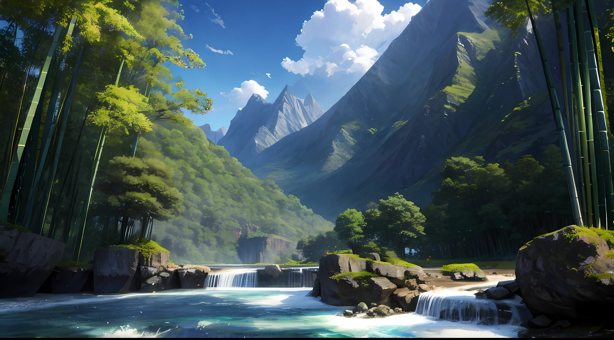 ConceptArt, no humans, scenery, day, tree, cloud, outdoors, nature, blue sky, mountain stream, bamboo forest