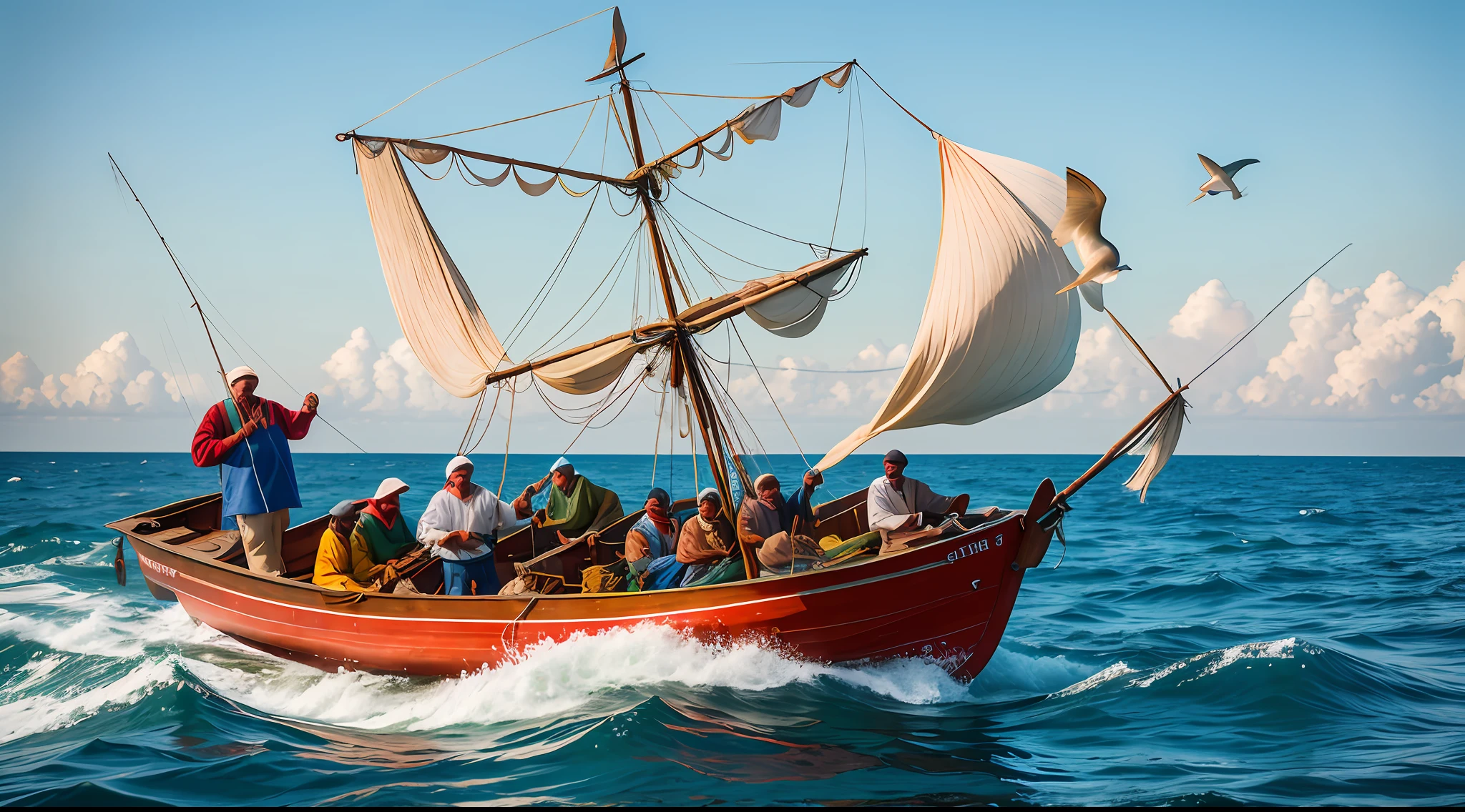 Boat fishermen casting nets overboard, peixes pulando ao redor do barco, time of Jesus Christ, 8k, foto realista