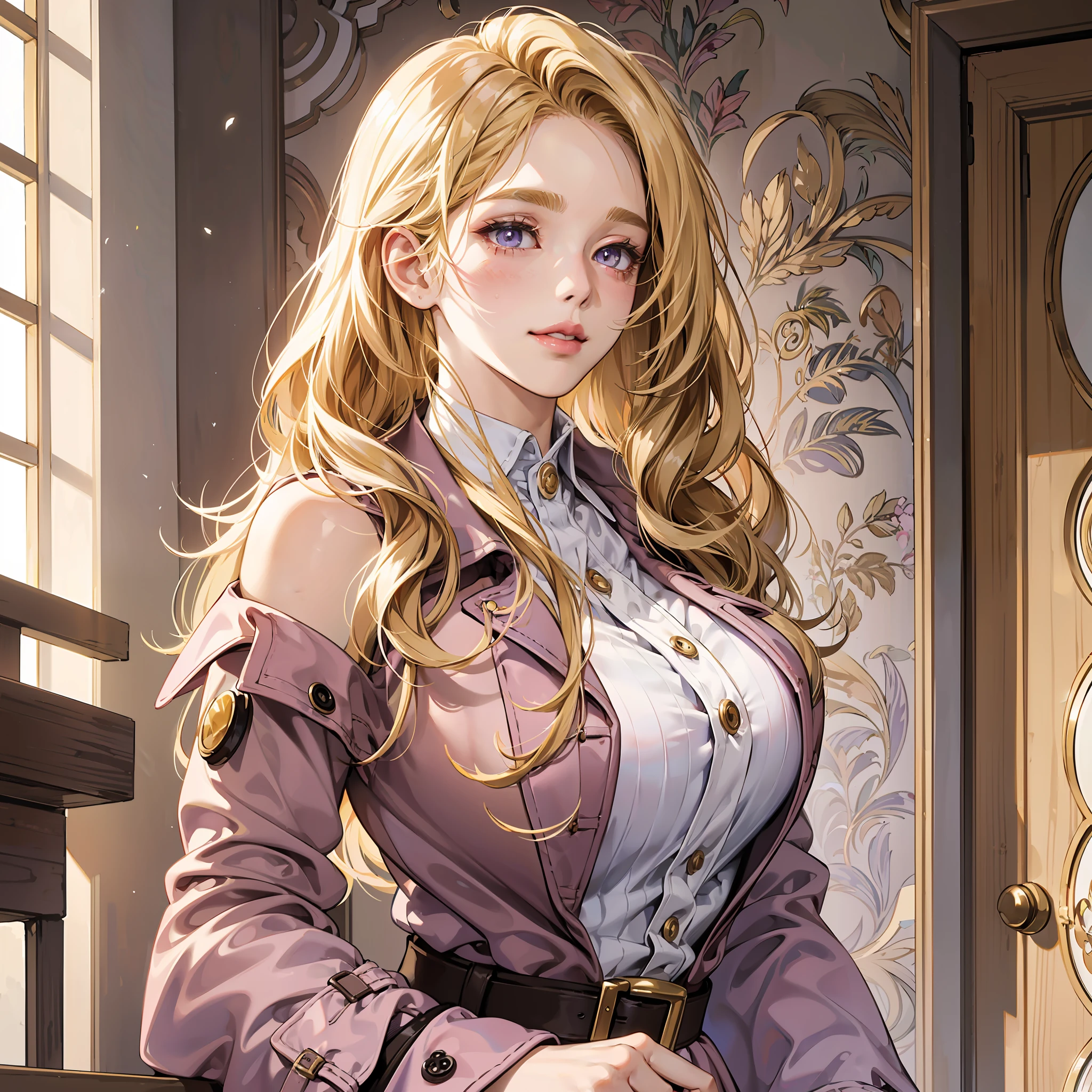 Anime woman, Cheekbones, detailed lips, blushing cheeks, shoulder length hair, ((golden blonde hair)), 25 years old, button nose, glossy lips, pink lipstick, ((lavender eyes)), round cheeks, D-cup breasts, ((brown trench coat)), Pokémon trainer, full lips, sweet smile, detailed eyes, masterpiece, tall, graceful, strong arms, fried chicken bucket, broad shouldered, cowgirl outfit --auto --s2
