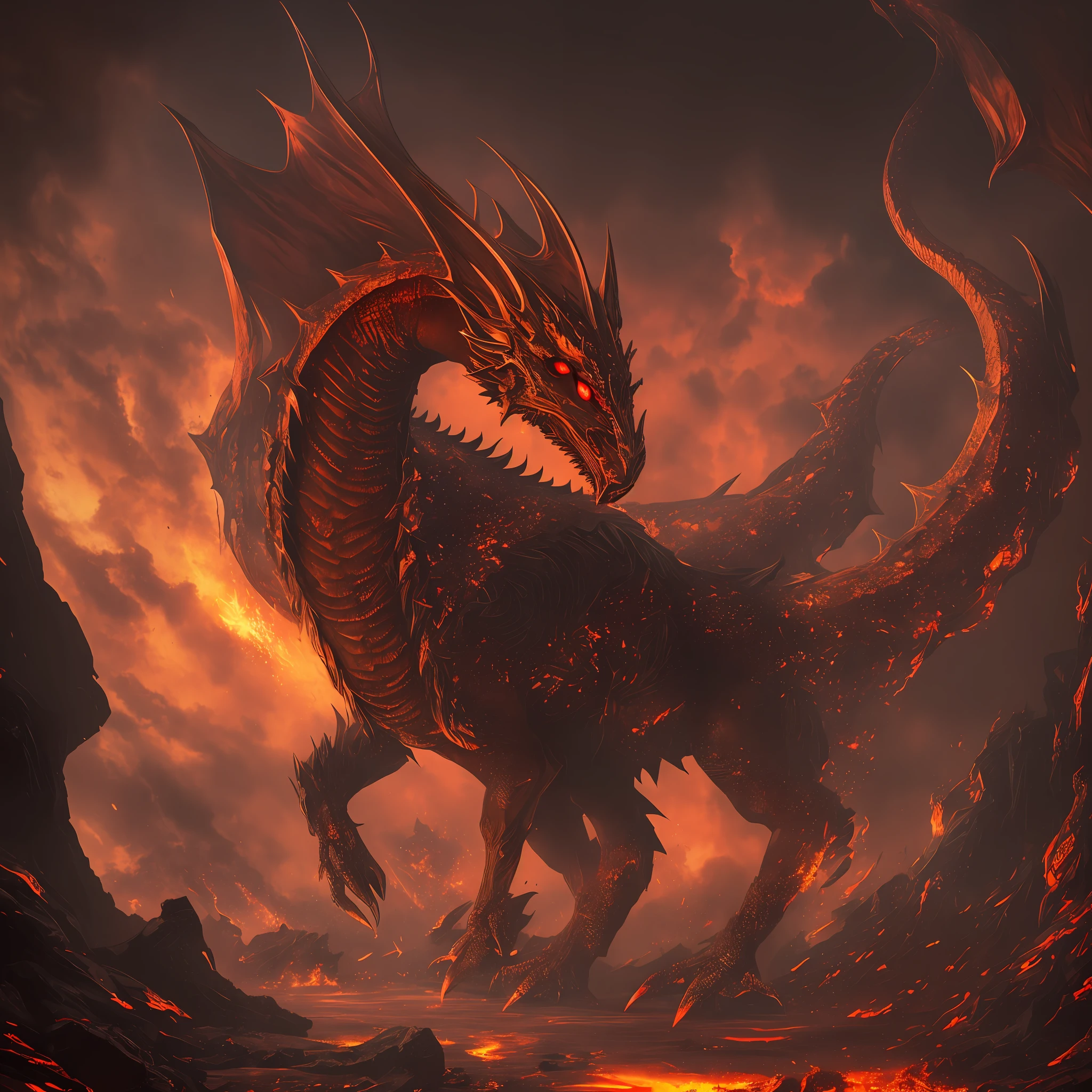 Great red dragon attached with steel chains, in a place full of lava, , HDR, bloom, chromatic aberration, photorealistic, extremely detailed, intricate, high detail, dramatic, art in the middle of the journey, volumetric lighting, surreal painting (masterpiece, side lighting, beautiful finely detailed eyes: 1.2 ), hdr, 8k, god ray --auto --s2