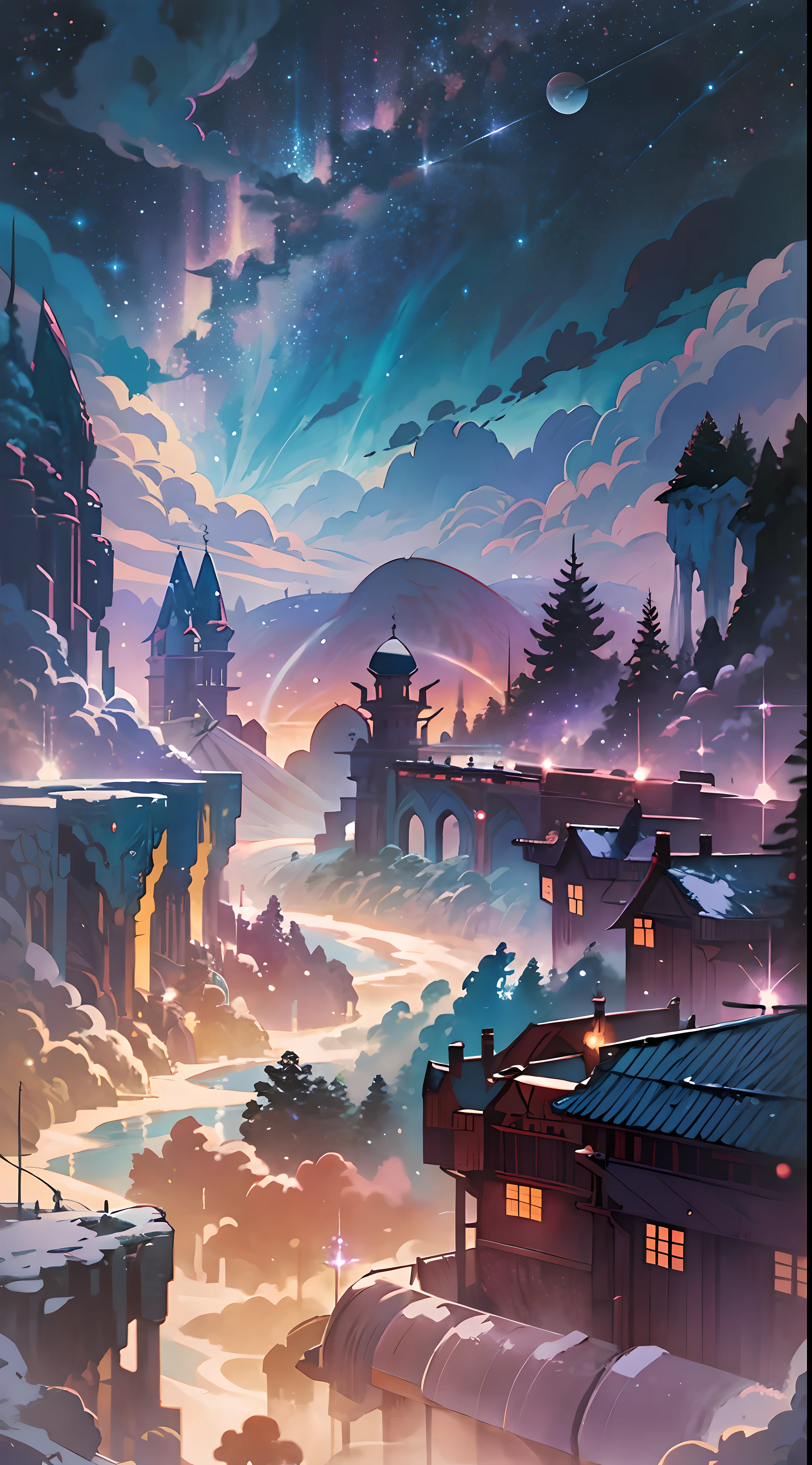 A painting of a river with stars and planets in the reddish sky, tons de roxo, arte conceitual inspirada em Tosa Mitsuoki, vencedor do concurso pixiv, melhor qualidade, arte de fantasia, bela cena de anime, uma lua brilhante, ambiente estrelado ao luar, pintura de sonho, Anime Background Art, Fantasy Landscape Art, Fantasy Night, Anime Background, Background Artwork, Fantastic Art, Atmospheric Anime, Starry Sky, Detalhe Aprimorado.