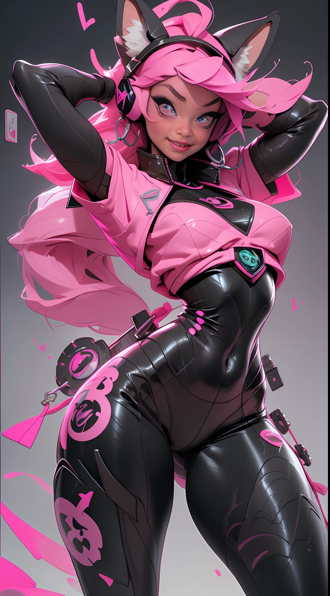 (Best quality), (masterpiece), (realistic) and ultra-Detailed photo of cute girl in futuristic neon headphones with plastic fox ears, She has a (pink hair), wears leather (unbuttoned) pink-Black racing jacket on a naked body, under which we can see ((huge half-open erect tits)), (erect nippleslips), open tummy, leather tight shorts, and exudes a (beautiful and aesthetic) vibe, sexy body , detailed pupils, detailed iris of eyes, An embarrassed and lustful smile opening her mouth,