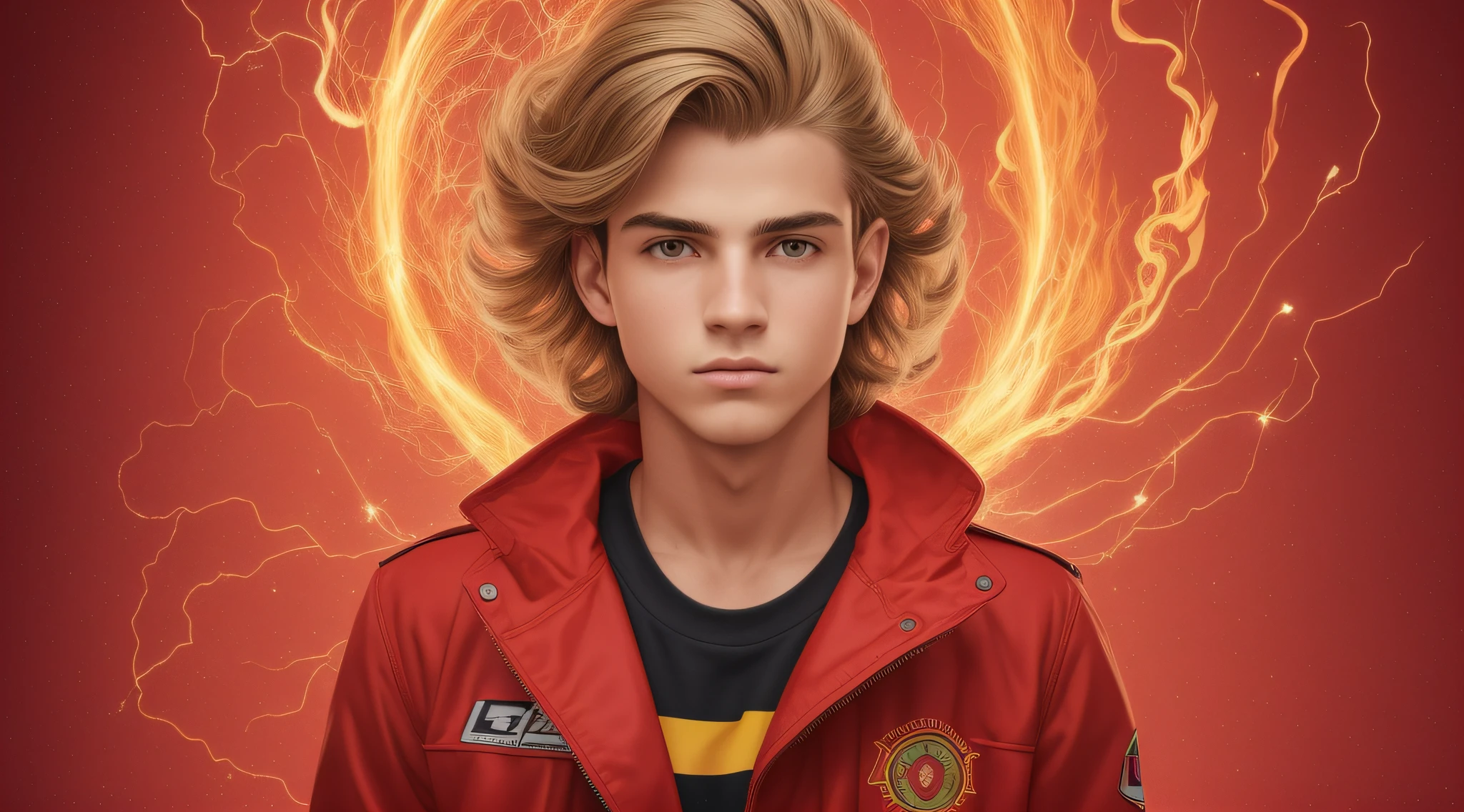 Melhor qualidade, obra-antes, ultra alto nada, fotorrealista, foto crua, Boy child 20 years old, russo loiro cabelo liso longo, com roupa de jaqueta de couro vermelha, Estilo retrato, flames are glowing red flames. --auto --s2