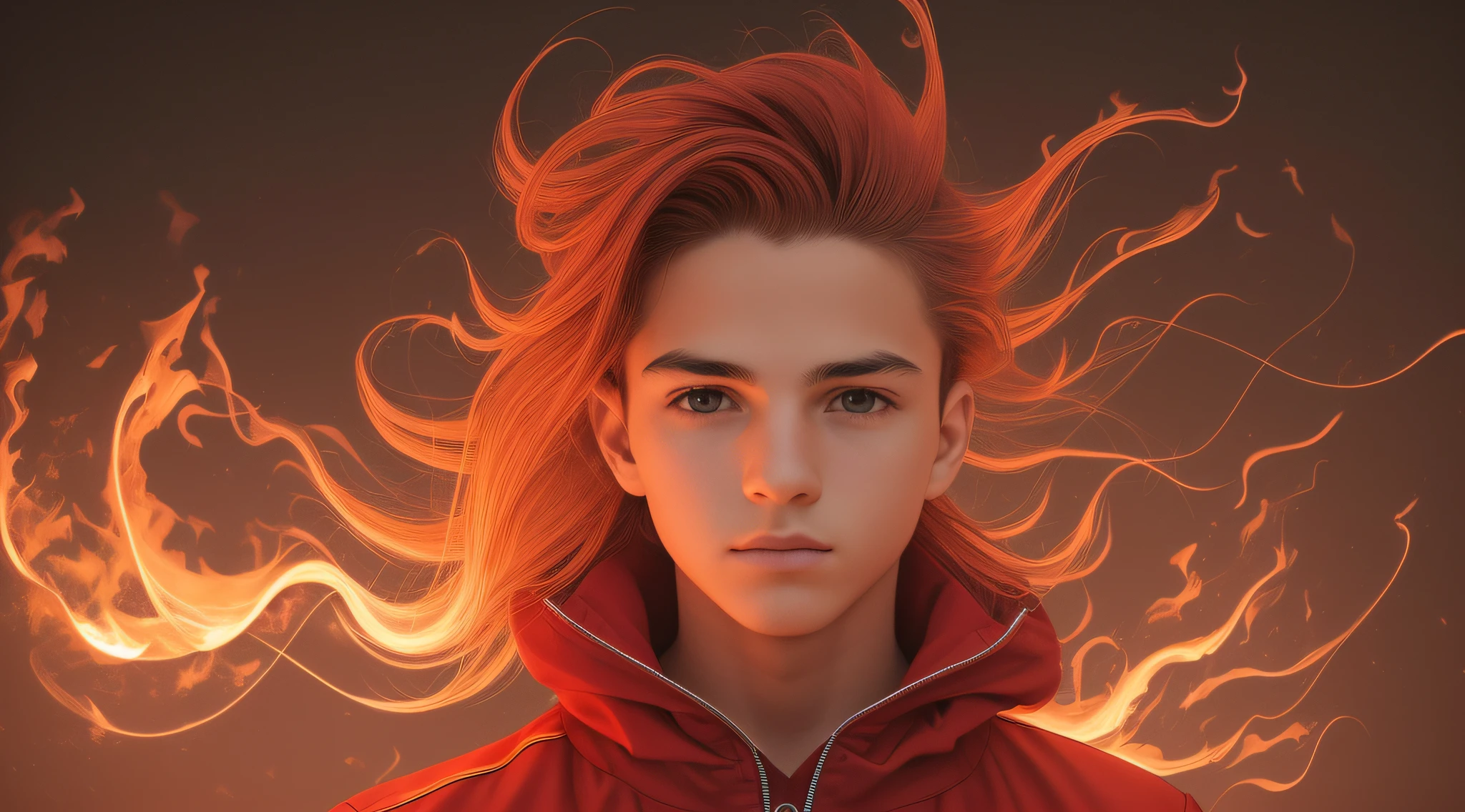 Melhor qualidade, obra-antes, ultra alto nada, fotorrealista, foto crua, Boy child 20 years old, russo loiro cabelo liso longo, com roupa de jaqueta de couro vermelha, Estilo retrato, flames are glowing red flames. --auto --s2