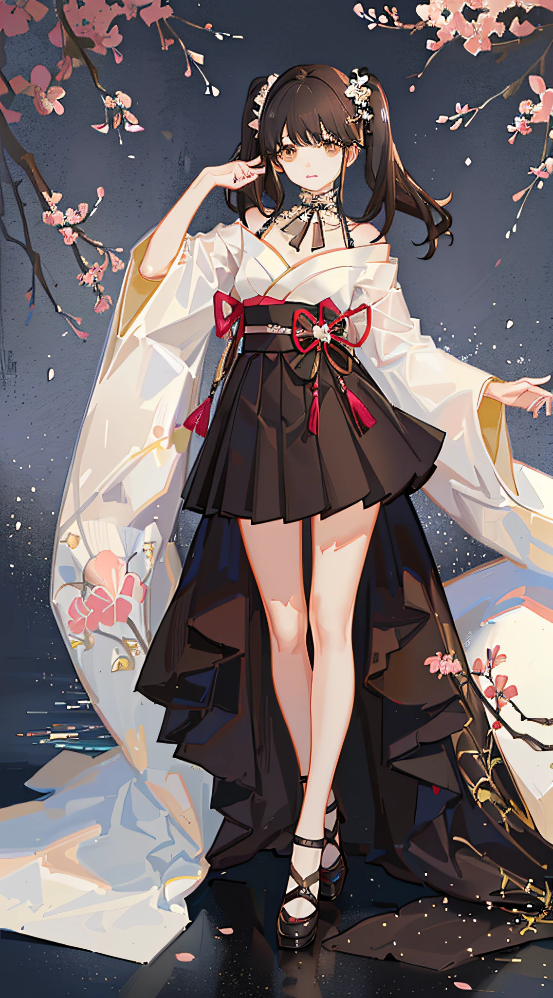 girl,full body,(face detail:1.2),net background,masterpiece,fashion,tokyo,harajuku,,medium hair,black hair,twin tails,blunt bangs,brown eyes,
