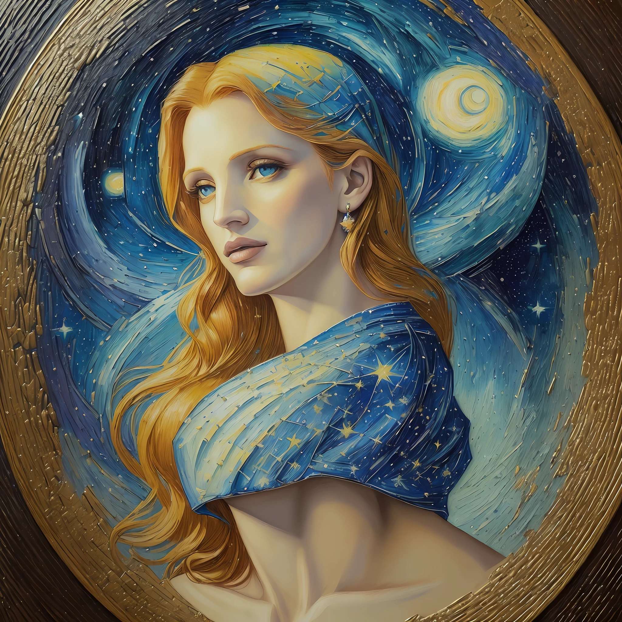((obra prima)) ((melhor qualidade )) ((detalhe alto)) ((Realista)) atriz jessica chastain em pintura de noite estrelada de van Gogh ((textura de quadro)) ((Realistic Oil Texture)) ((cores vibrantes)) --auto --s2