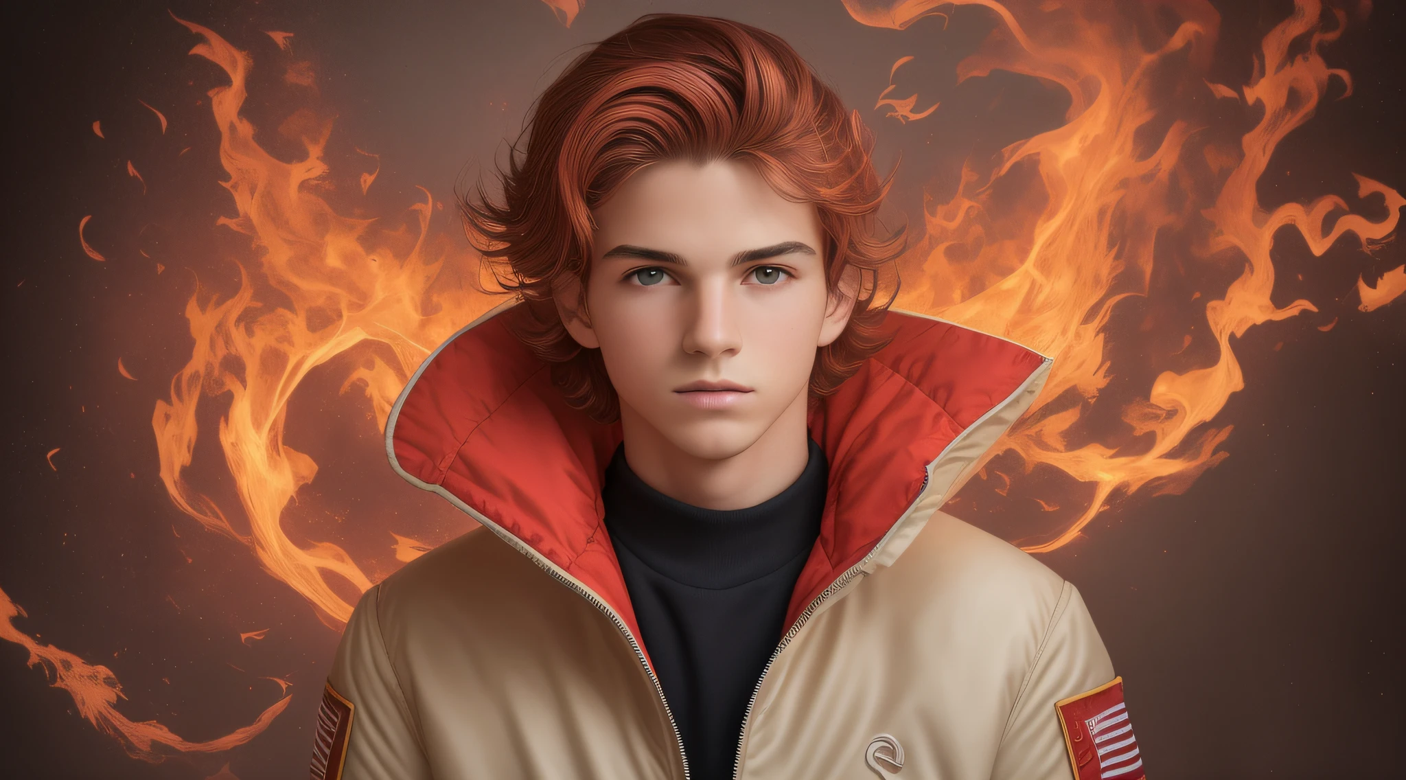 Melhor qualidade, obra-antes, ultra alto nada, fotorrealista, foto crua, Boy child 20 years old, russo loiro cabelo liso longo, com roupa de jaqueta de couro vermelha, Estilo retrato, flames are glowing red flames. --auto --s2