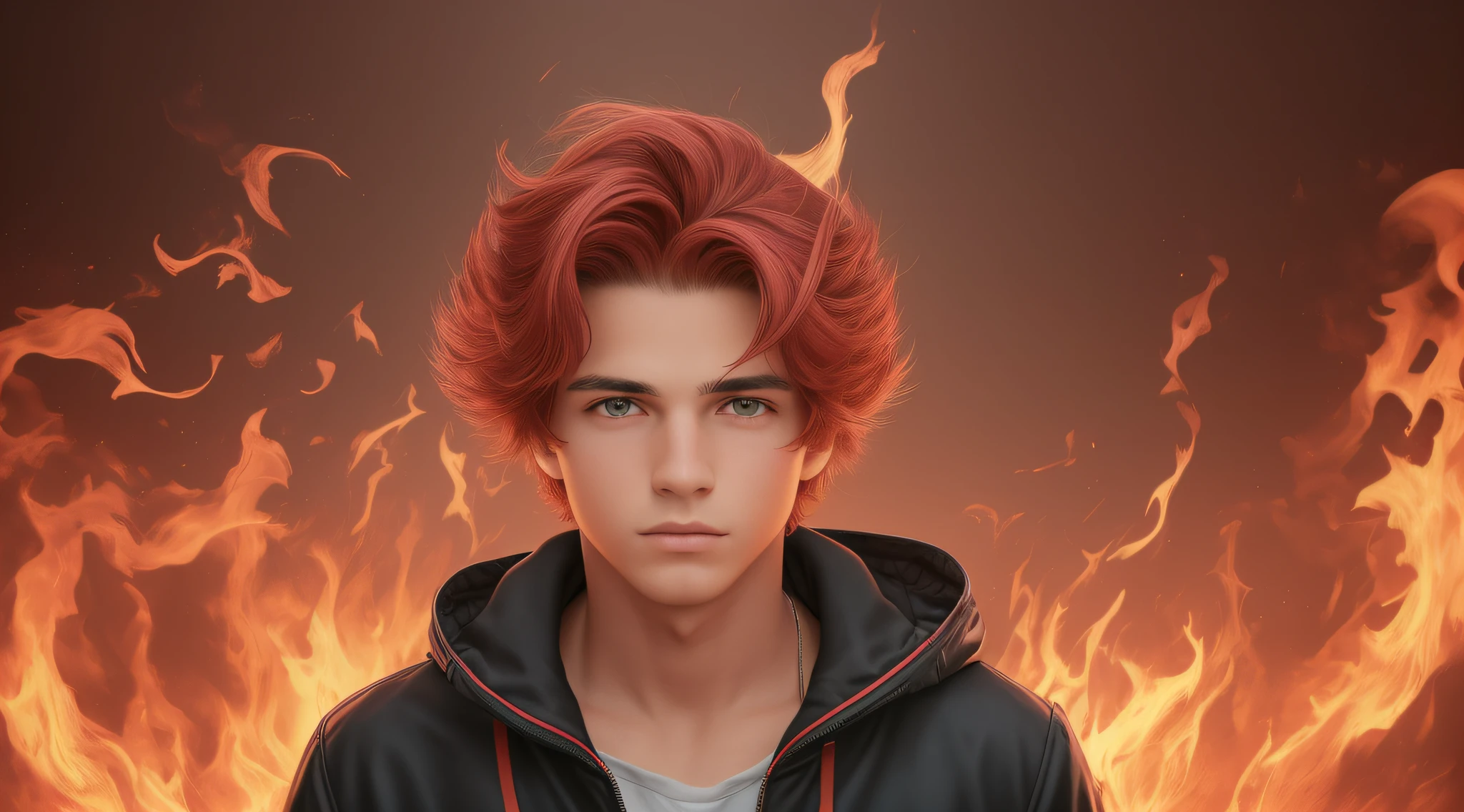 Melhor qualidade, obra-antes, ultra alto nada, fotorrealista, foto crua, Boy child 20 years old, russo loiro cabelo liso longo, com roupa de jaqueta de couro vermelha, Estilo retrato, flames are glowing red flames. --auto --s2