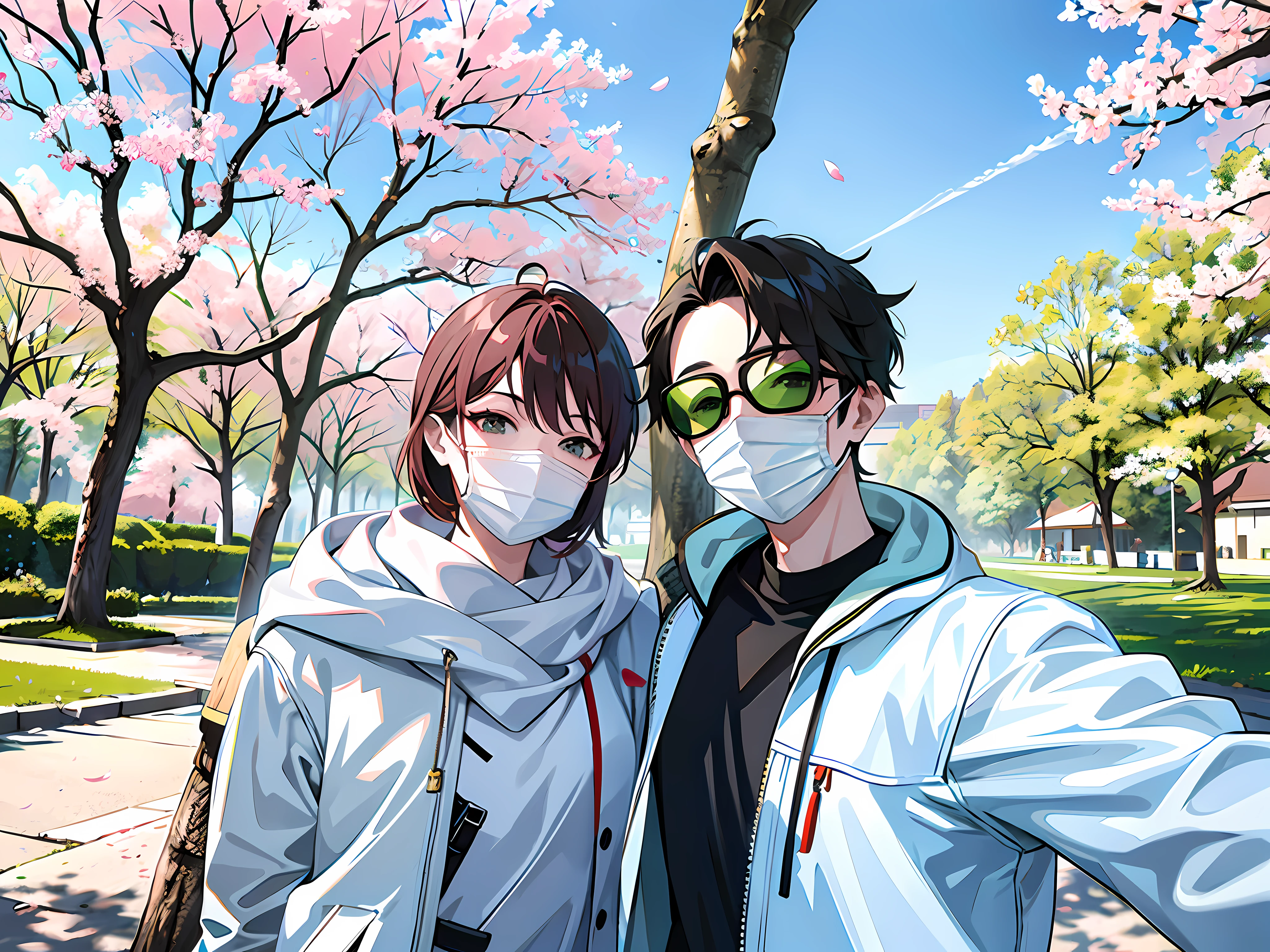 Two selfies，Green sunglasses，Delicate facial features，wearing mask，The background is a park full of cherry blossoms，high quality