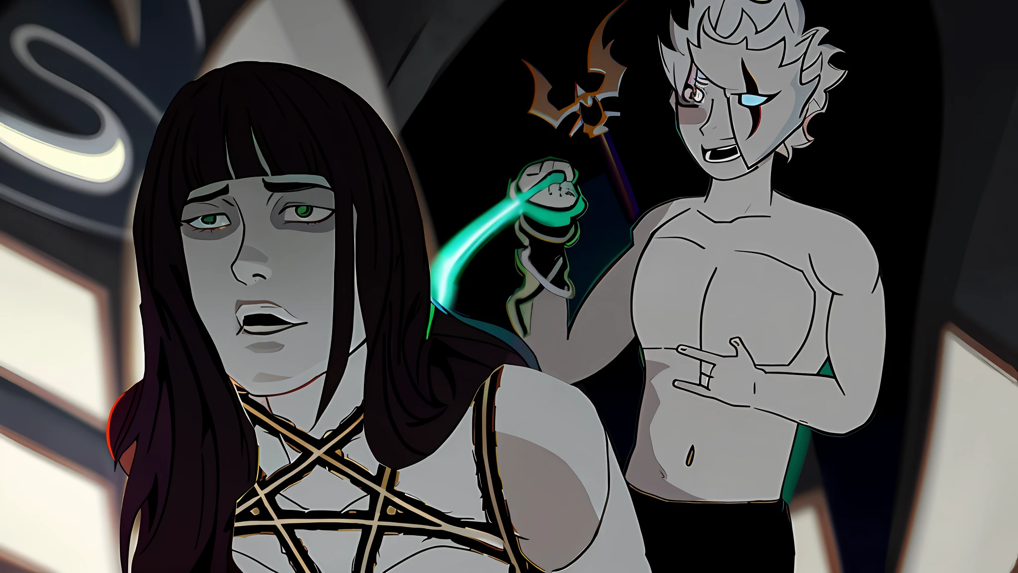 cartoon of a woman with a demon face and a man with a sword, cel shaded anime, rotoscoped, charli bowater and artgeem, cel-shaded:17, cel-shaded:15, cel shaded:15, summoning a demon, summoning an eldritch god, animated still, angry high moral sexy werewolf