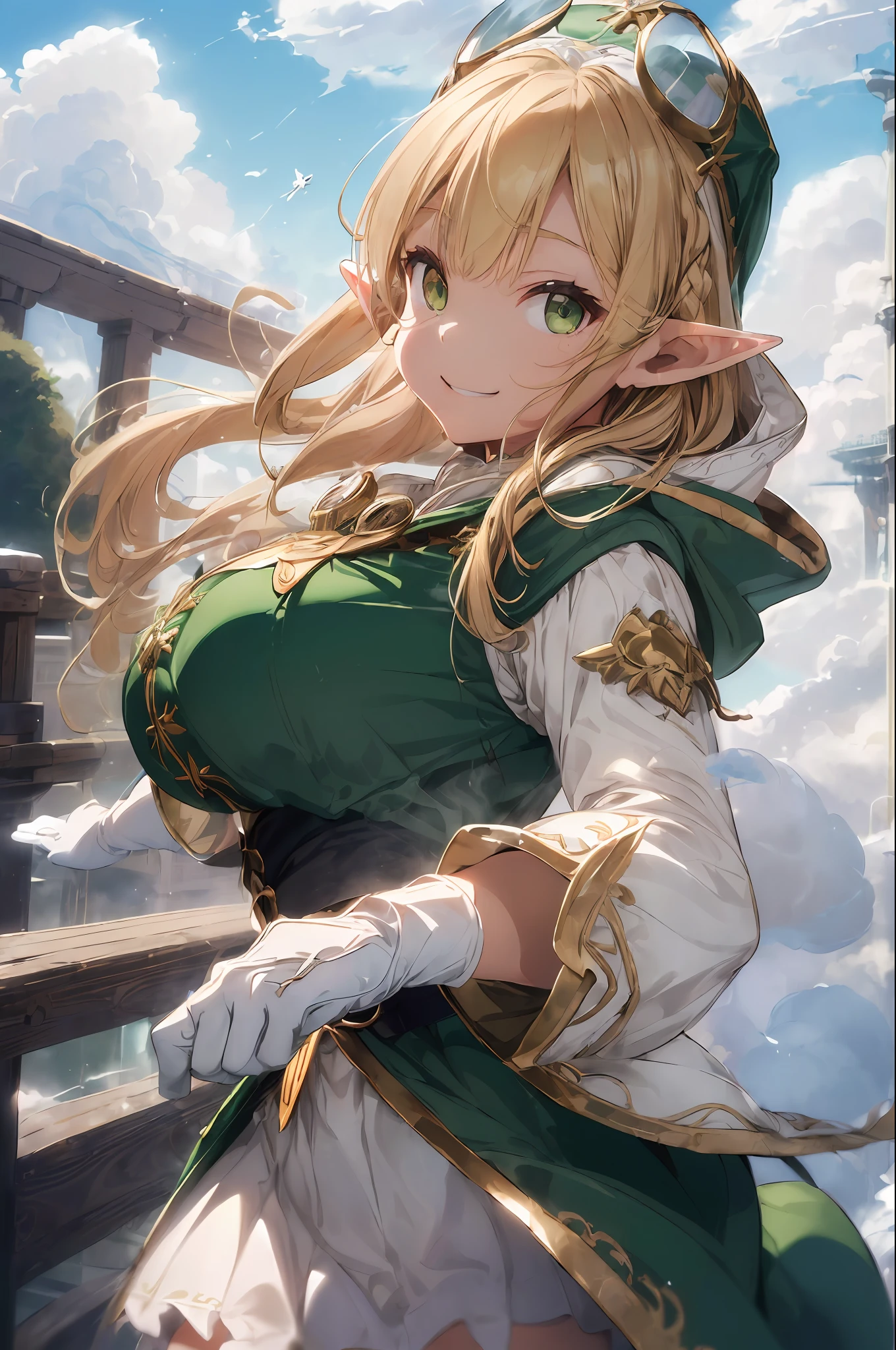 (((masterpeace、the highest quality、high precision、High and fine)))、((fantasy))、1person、(((Elf Girl)))、(White skirt with gold embroidery)、(Blonde long braid hair)、(Big glowing dark green eyes)、((Large hooded longcloak))、(Green surcoat with gold embroidery)、(((Head goggles)))、((Thick gloves))、Big Boobs、smile、(((Deck of a flying ship moving at high speed)))、(((Feeling of sprinting)))、((((Clouds flowing off the screen))))、(Large cumulonimbus clouds)、(Grabbing onto the railing)、strong wind、A lot of light grains are flying、Dynamic angle、sideview
