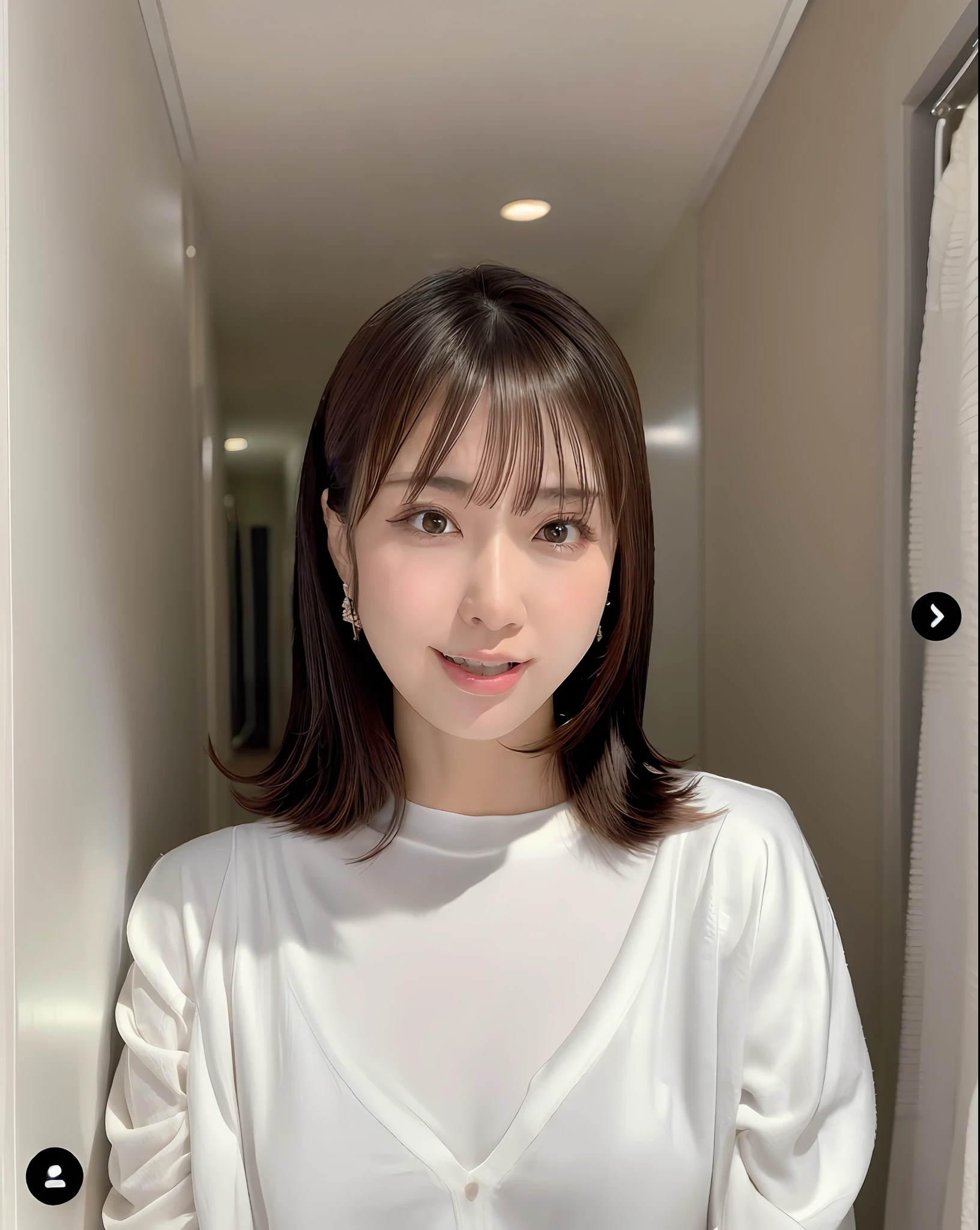 arafed woman with a white shirt and earrings standing in a hallway,Mariko Doh, with short hair,
