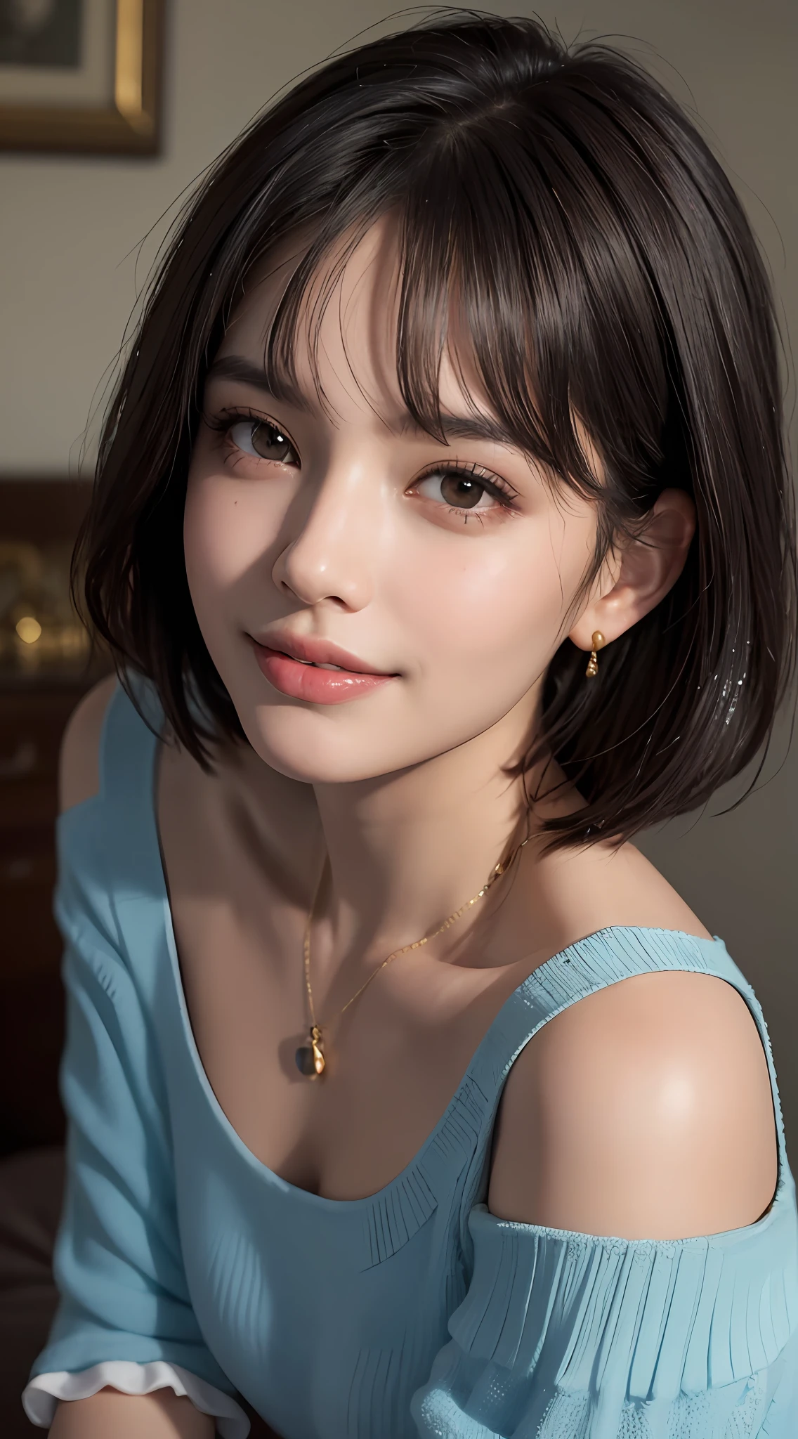 (top quality, 8k, masterpiece: 1.3), pretty woman with perfect figure: 1.4, dark brown hair, big, wearing pendants, torn shorts, sleeping in bedroom, very detailed face and skin, detailed eyes, double eyelids, top quality, masterpiece, (photorealistic: 1.4), one woman, golden ratio, high angle shot, upper eye care, low angle shot, perfect face, beautiful figure, cute face, face close-up, zoom in on face, short bob, short hair, smile from different angles, smile, gloss, highlight, gloss, glossy on skin, glossy on skin, wet skin, wet, bangs, cute smile, bust, off-shoulder, refreshing charm, elegant, perfect hands, smile from angle, smile, shiny, highlight, glossy skin, bangs, bust, big, Warm off-shoulder, refreshing charm, ears out, gaze to the camera, poses at different angles
